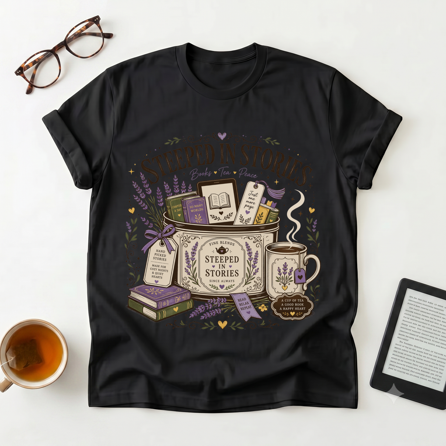 Steeped in Stories T-Shirt — Book & Tea Graphic Tee for Readers