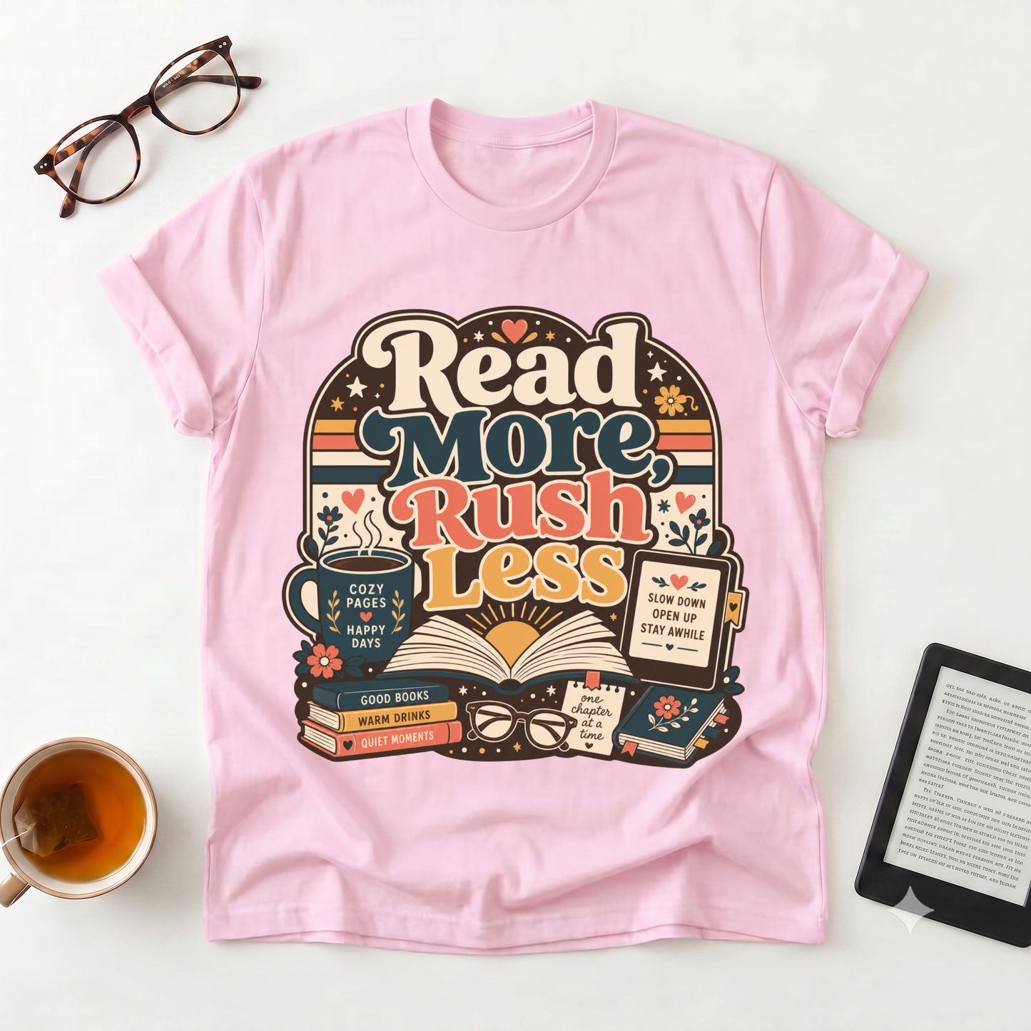 Read More Rush Less T-Shirt — Retro Book Lover Graphic Tee