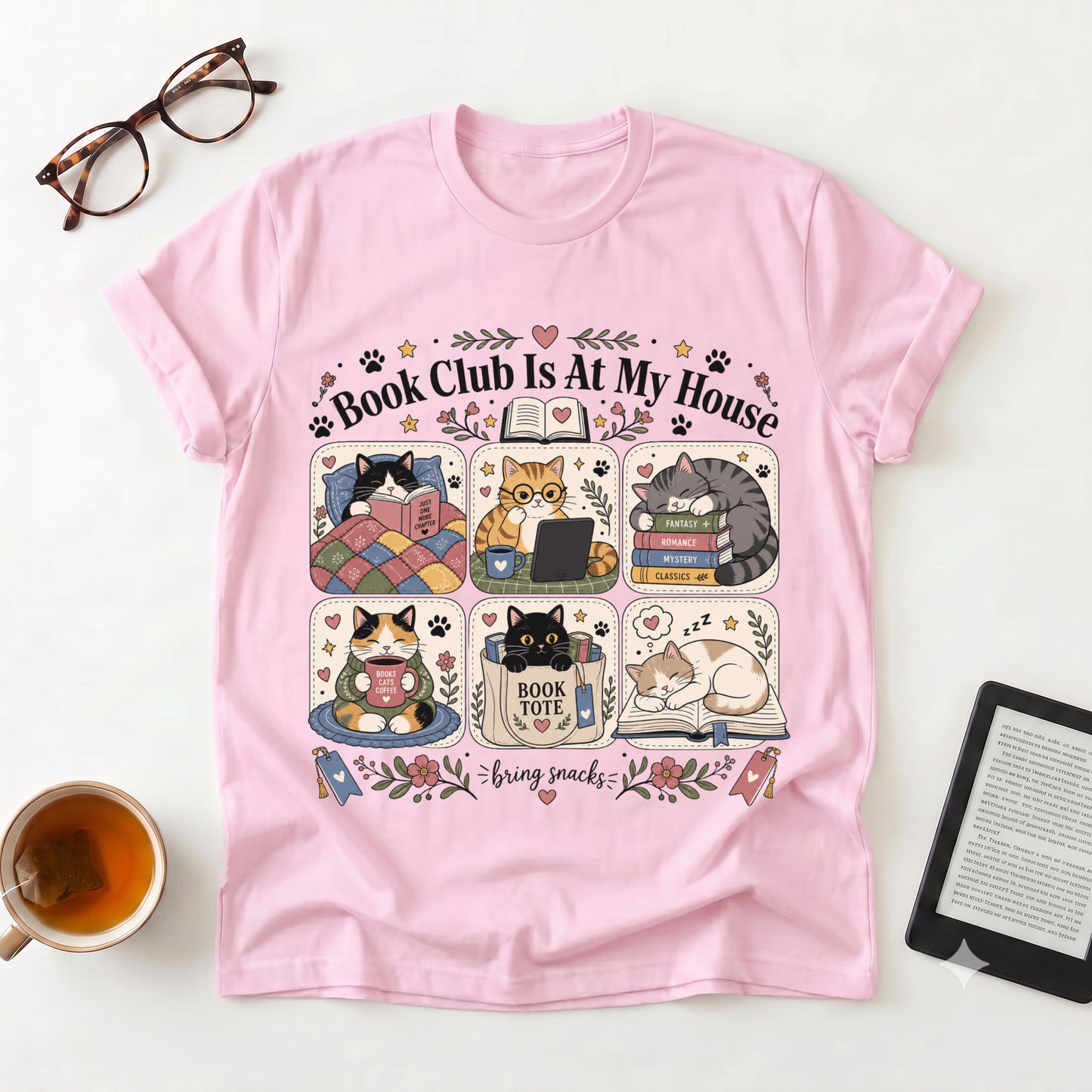 Book Club Is At My House T-Shirt — Cozy Cat Reader Tee