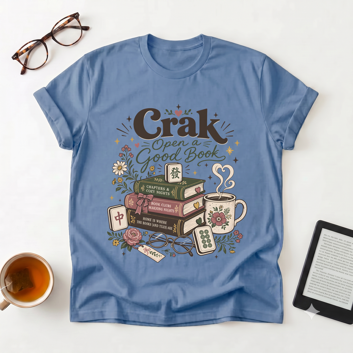 Book Lover T‑Shirt — "Crak Open a Good Book" Vintage Stack & Tea Graphic