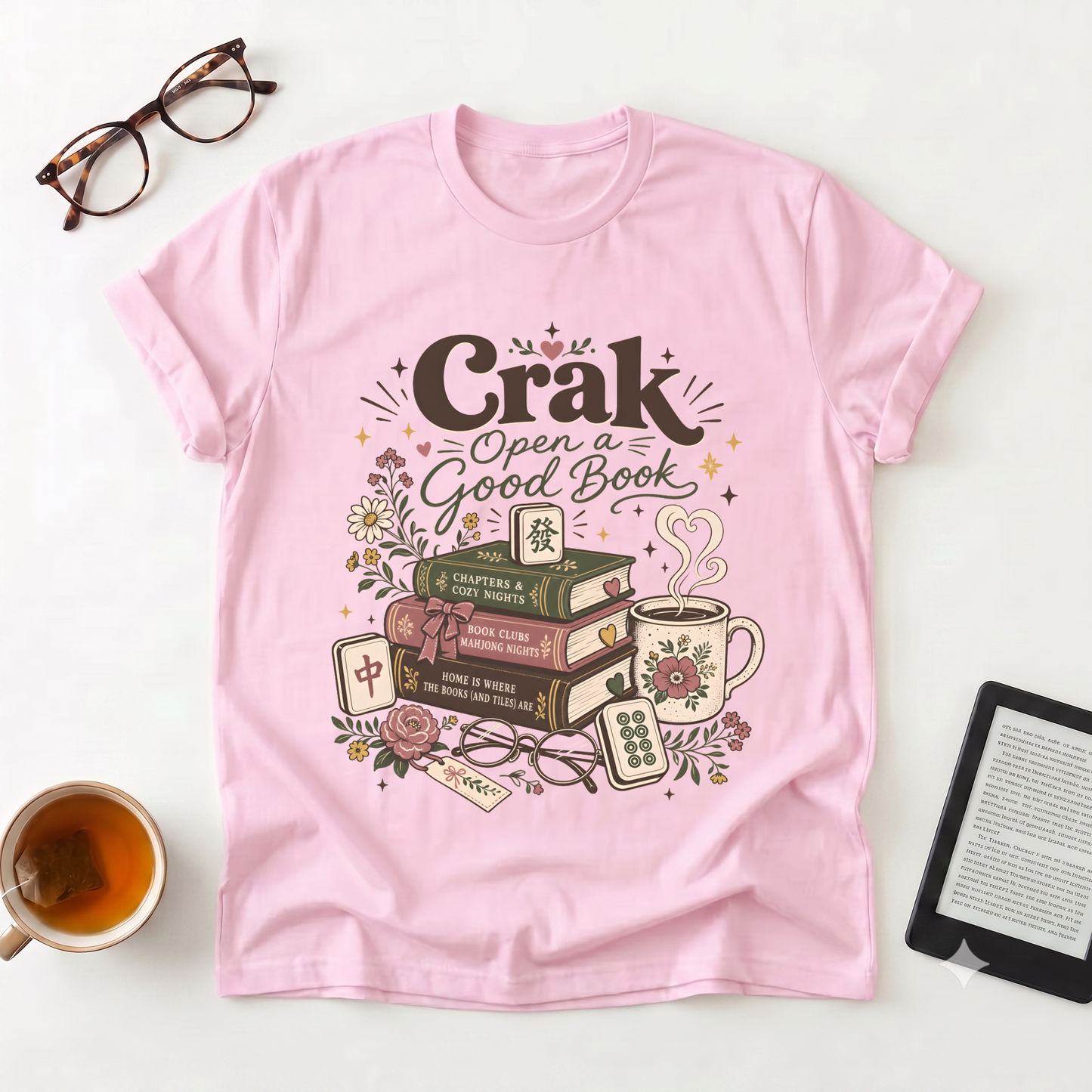 Book Lover T‑Shirt — "Crak Open a Good Book" Vintage Stack & Tea Graphic