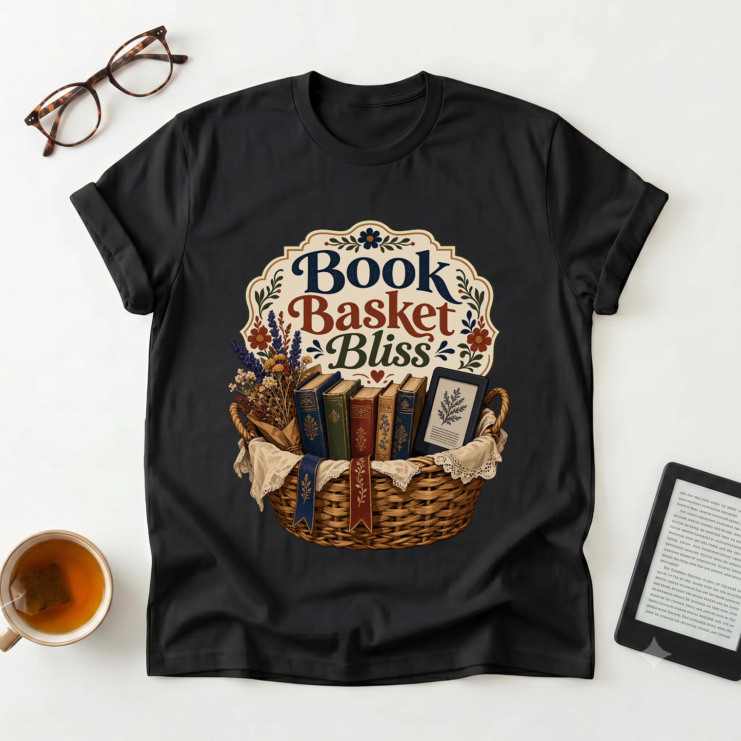 Book Basket Bliss T-Shirt — Cozy Reading Lover Tee