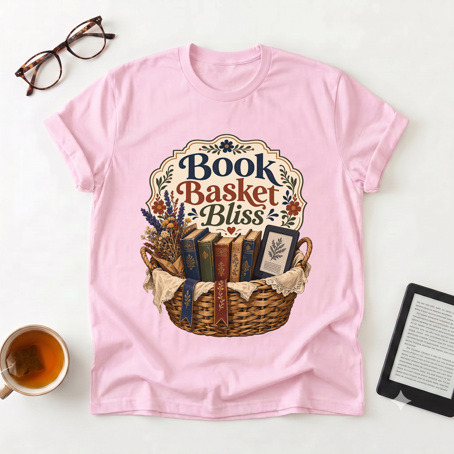 Book Basket Bliss T-Shirt — Cozy Reading Lover Tee