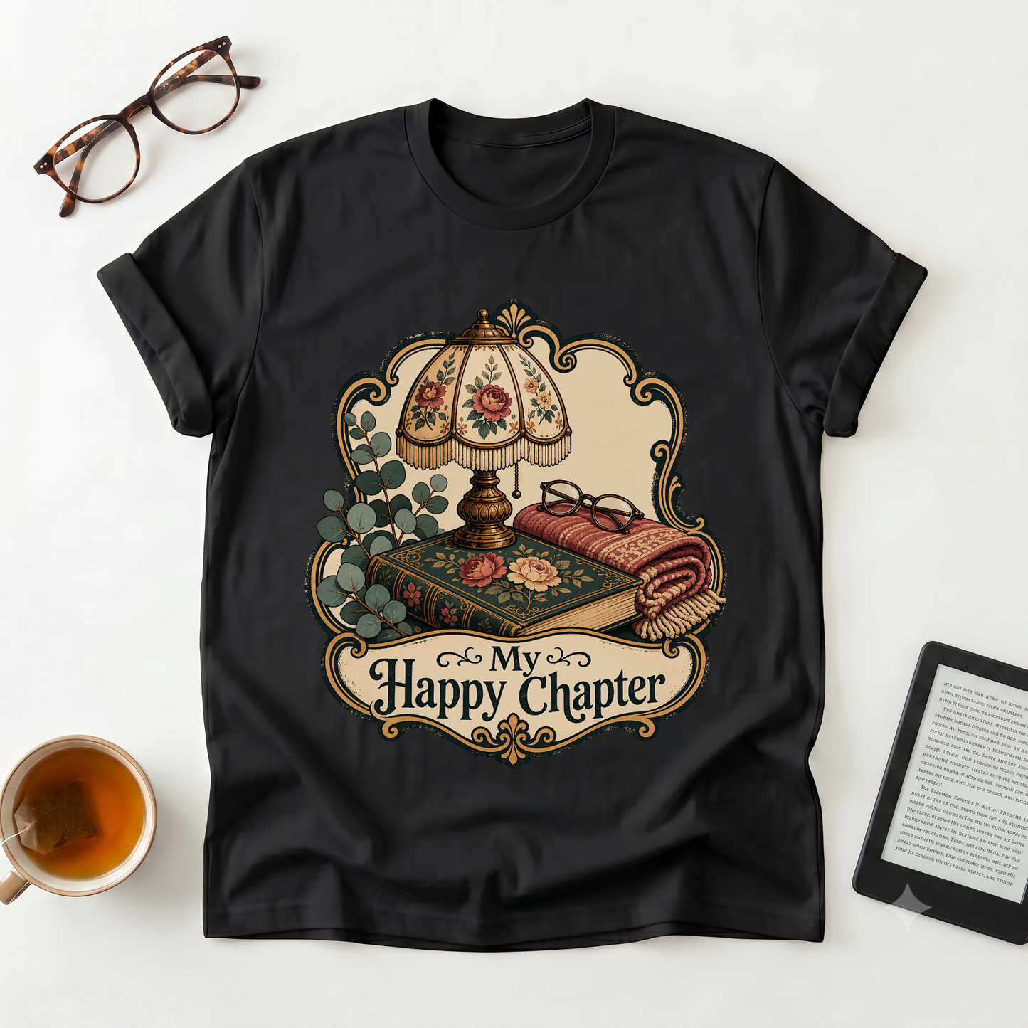 Cozy Reading Tee — “My Happy Chapter” Vintage Lamp & Book Graphic T-Shirt