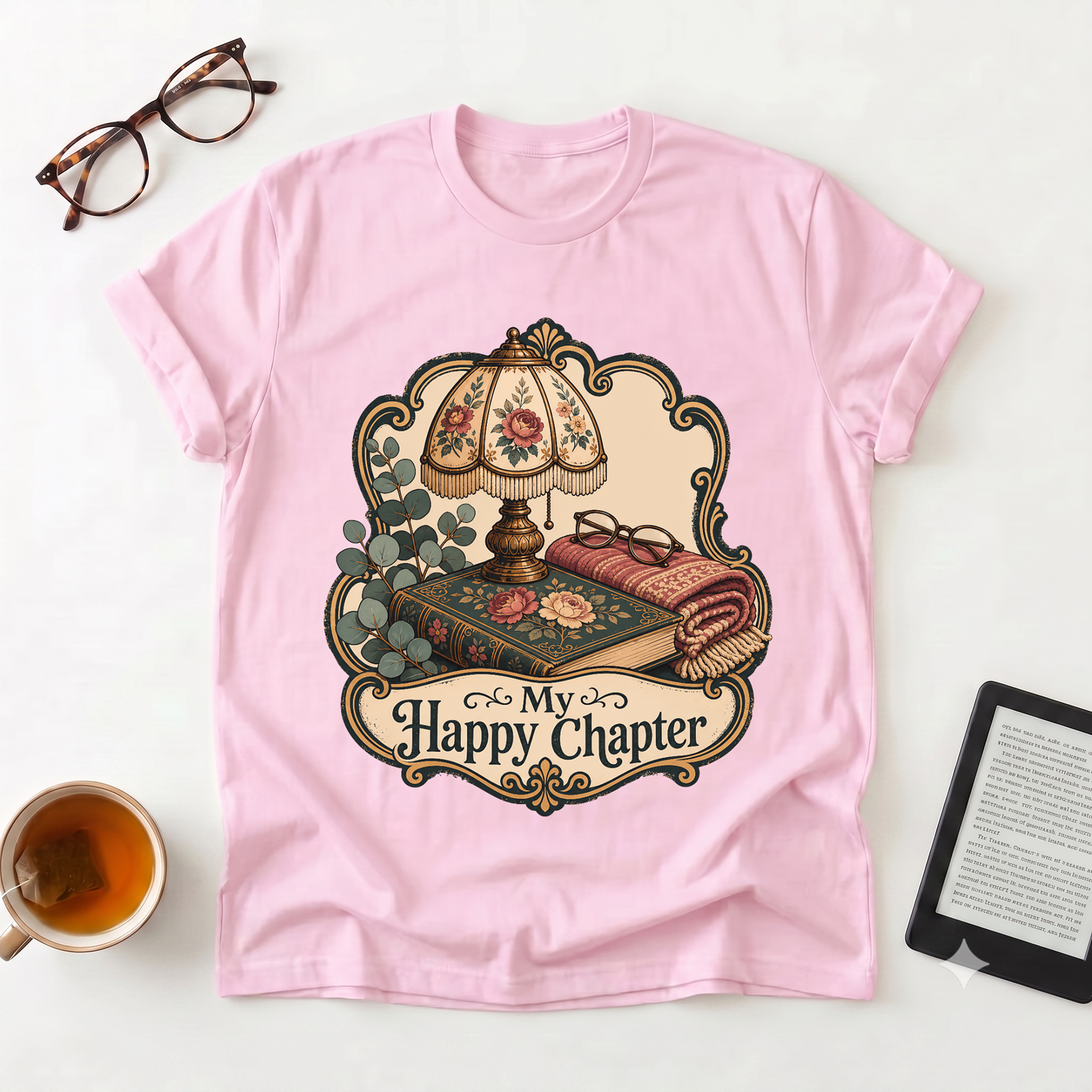 Cozy Reading Tee — “My Happy Chapter” Vintage Lamp & Book Graphic T-Shirt