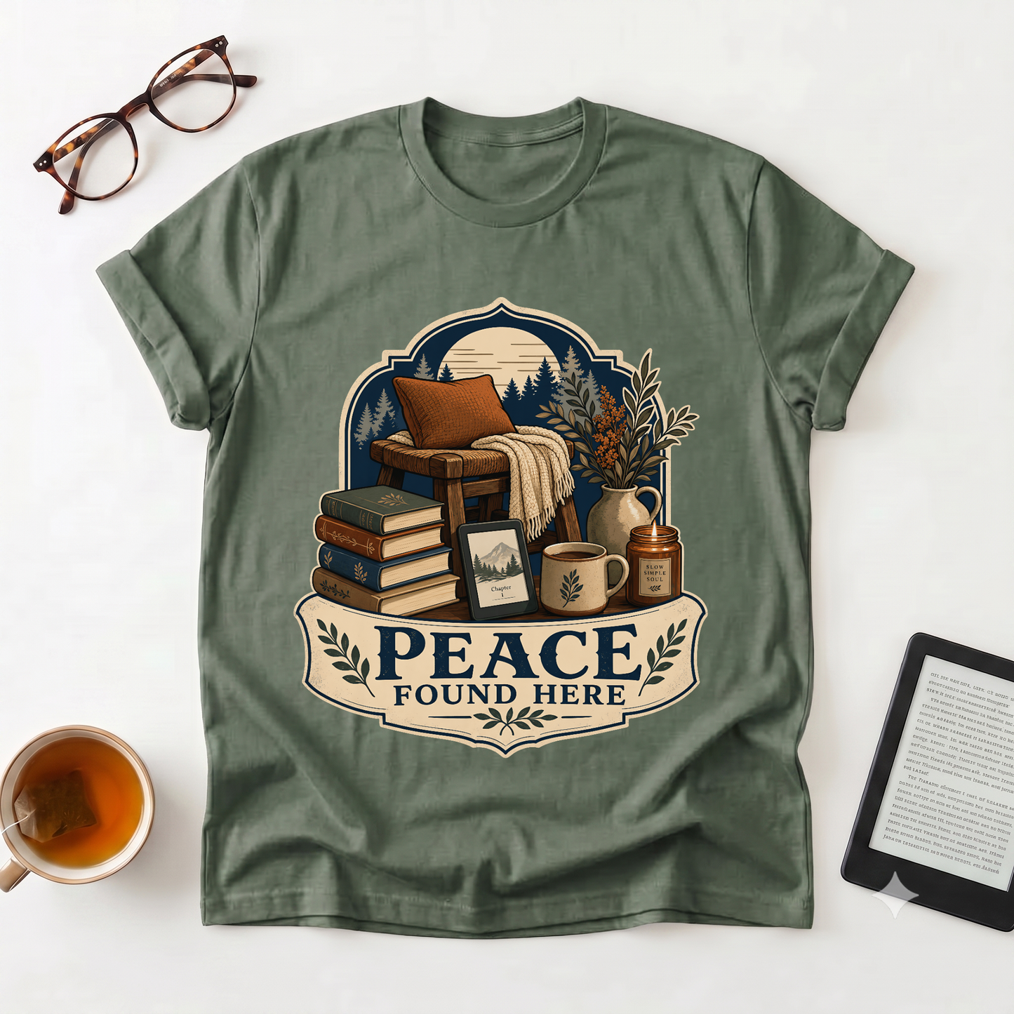 Peace Found Here T-Shirt — Cozy Reading Nook Graphic Tee