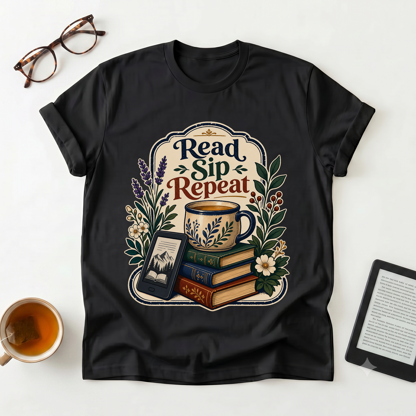 Read Sip Repeat T-Shirt — Cozy Book Lover Tee with Tea & Books Graphic