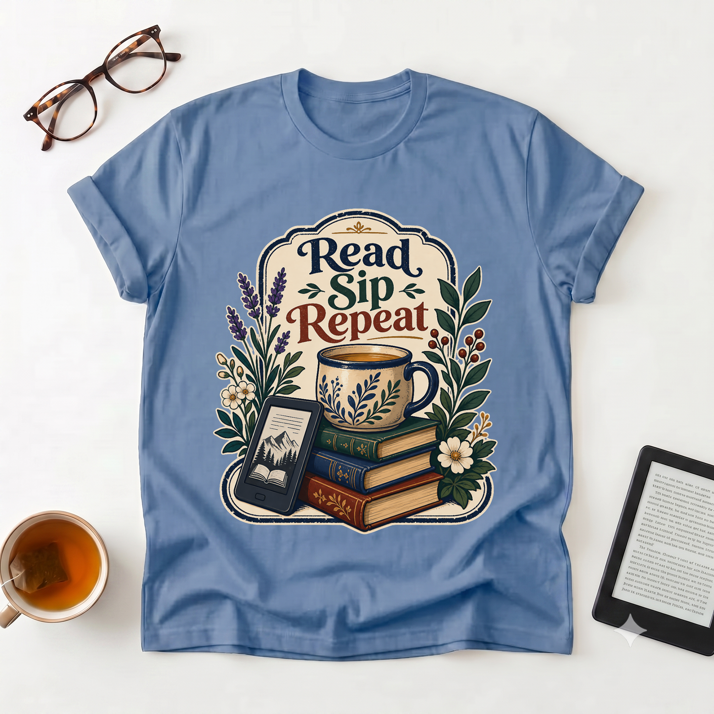 Read Sip Repeat T-Shirt — Cozy Book Lover Tee with Tea & Books Graphic