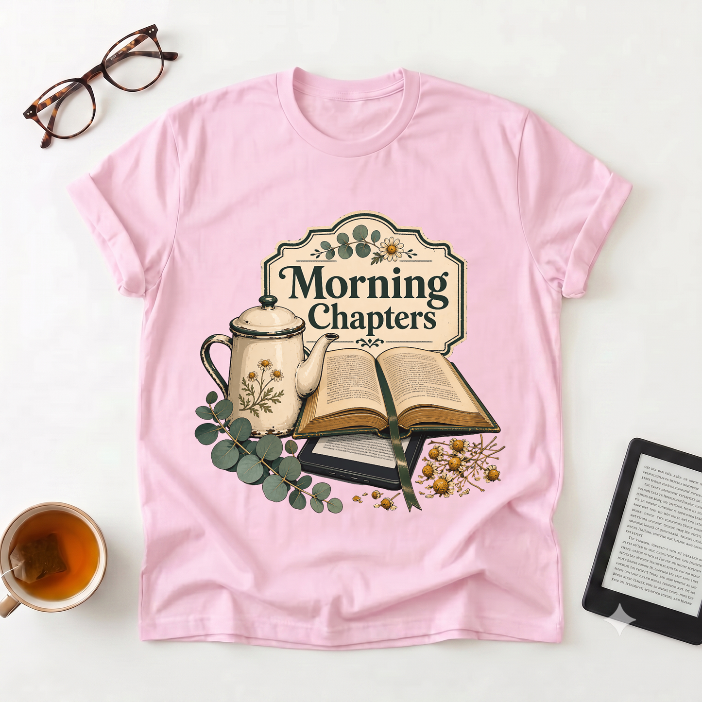 Morning Chapters T-Shirt — Cozy Book Lover Tee with Tea & Open Book Design