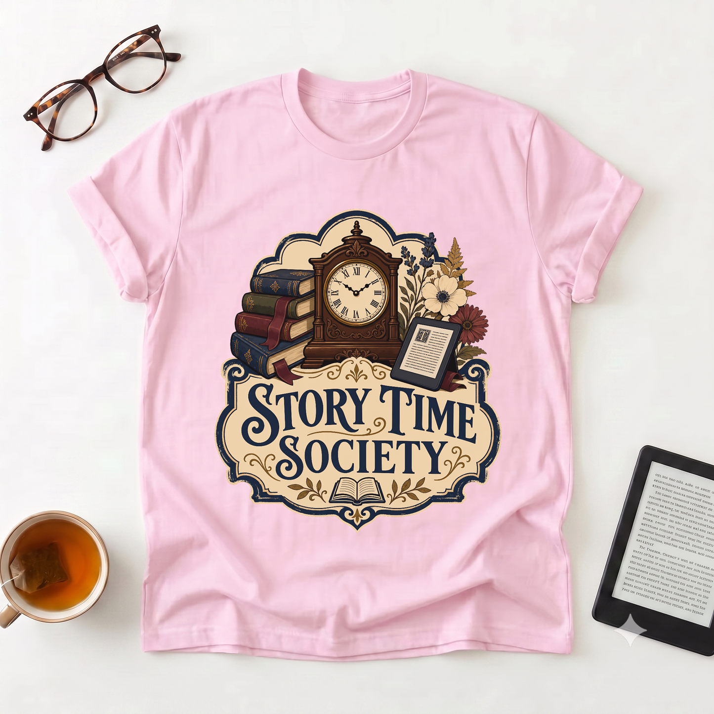 Story Time Society T-Shirt — Vintage Clock & Books Reading Tee