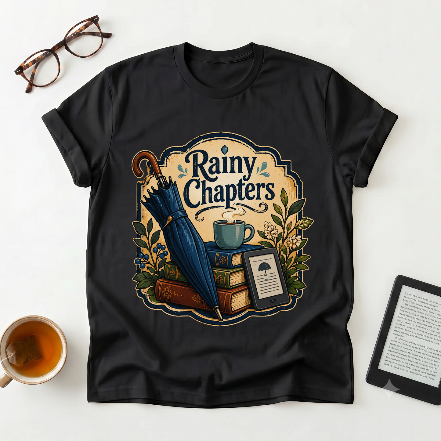 Rainy Chapters T-Shirt — Cozy Book Lover Graphic Tee