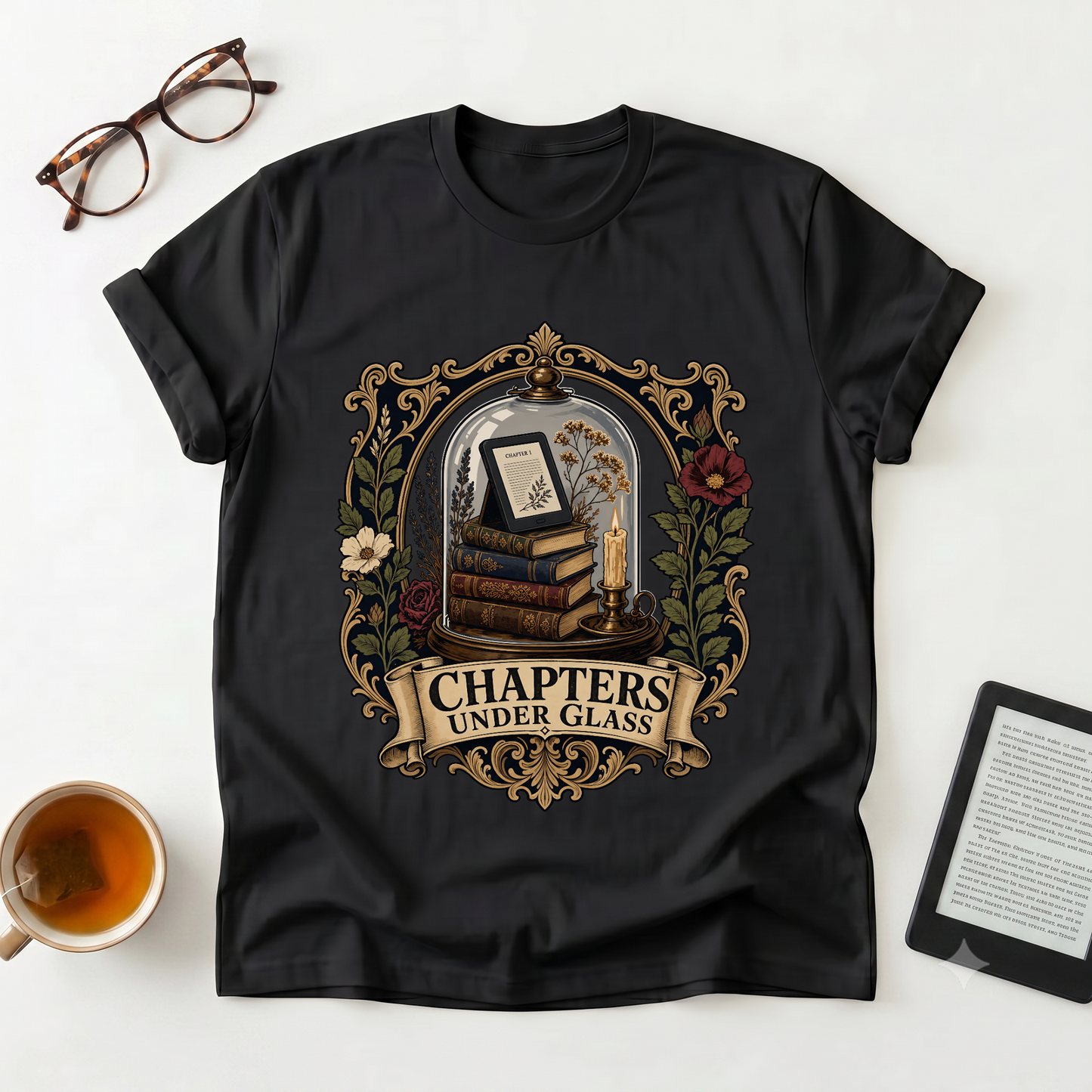 Bookish T-Shirt — "Chapters Under Glass" Vintage Library Graphic Tee