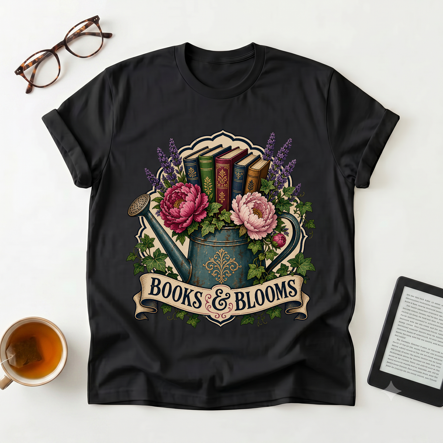 Books & Blooms Floral Watering Can T-Shirt — Literary Garden Lover Tee