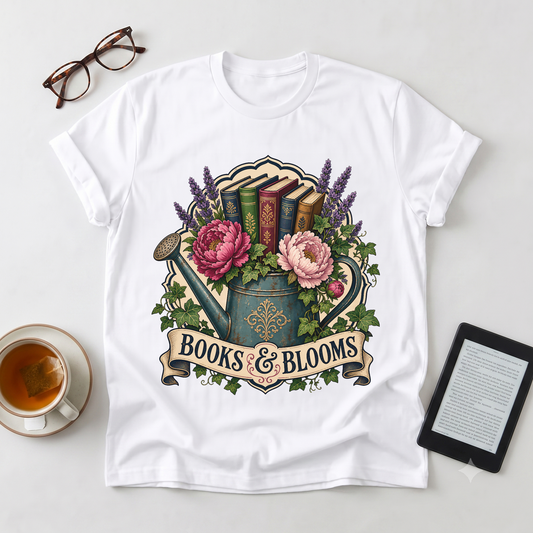 Books & Blooms Floral Watering Can T-Shirt — Literary Garden Lover Tee