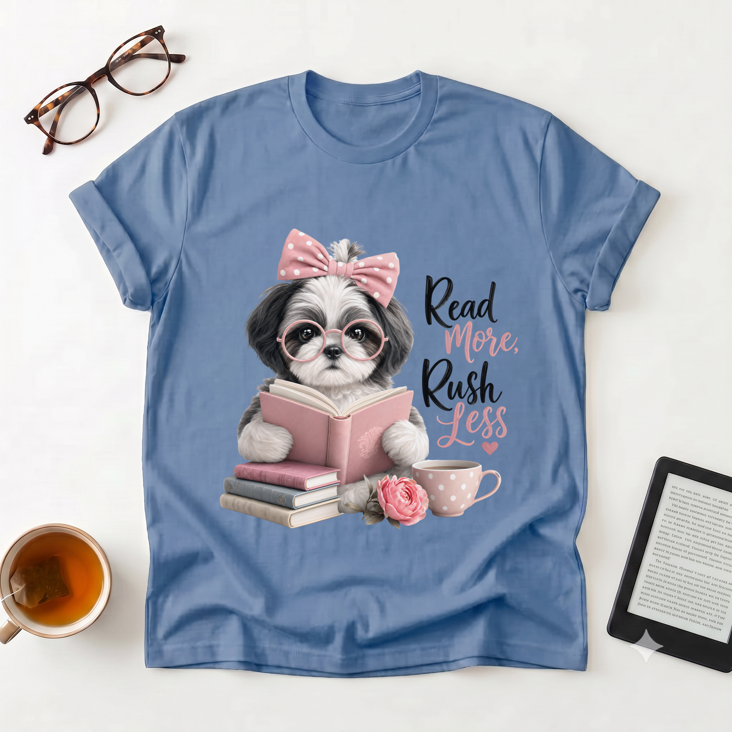 Read More Rush Less T-Shirt — Cute Dog Reading Graphic Tee for Book Lovers