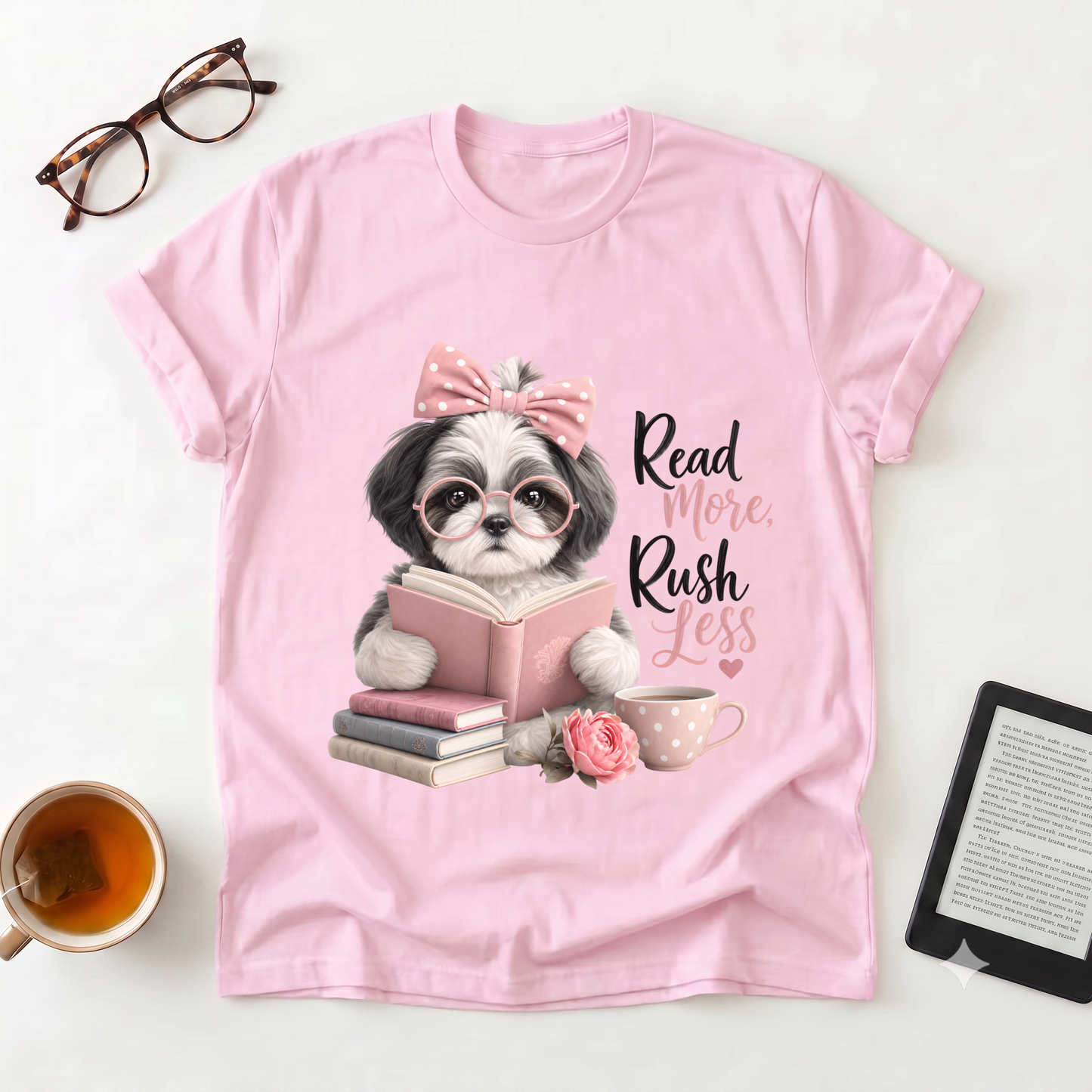 Read More Rush Less T-Shirt — Cute Dog Reading Graphic Tee for Book Lovers