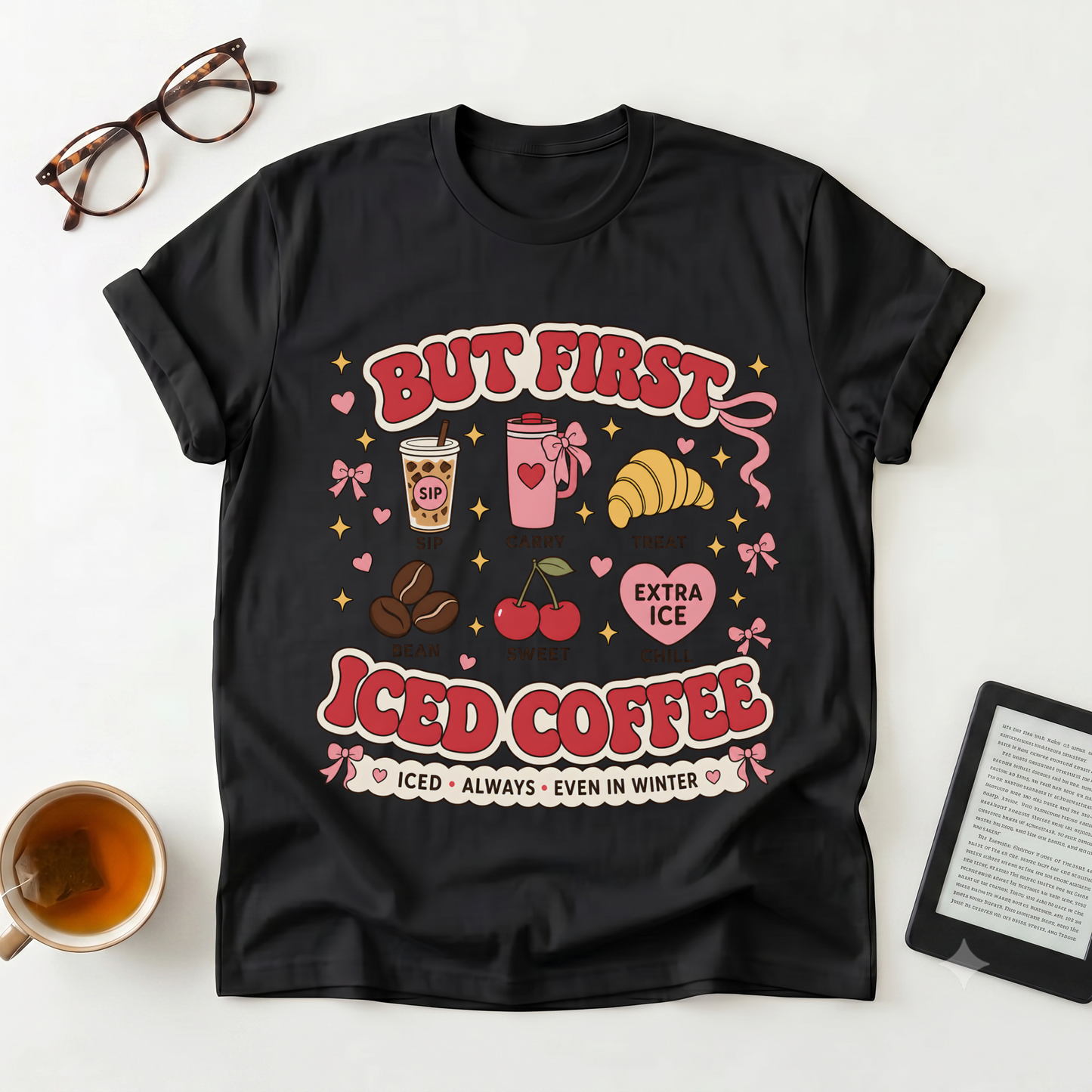 Iced Coffee Graphic T-Shirt — “But First Iced Coffee” Retro Café Tee