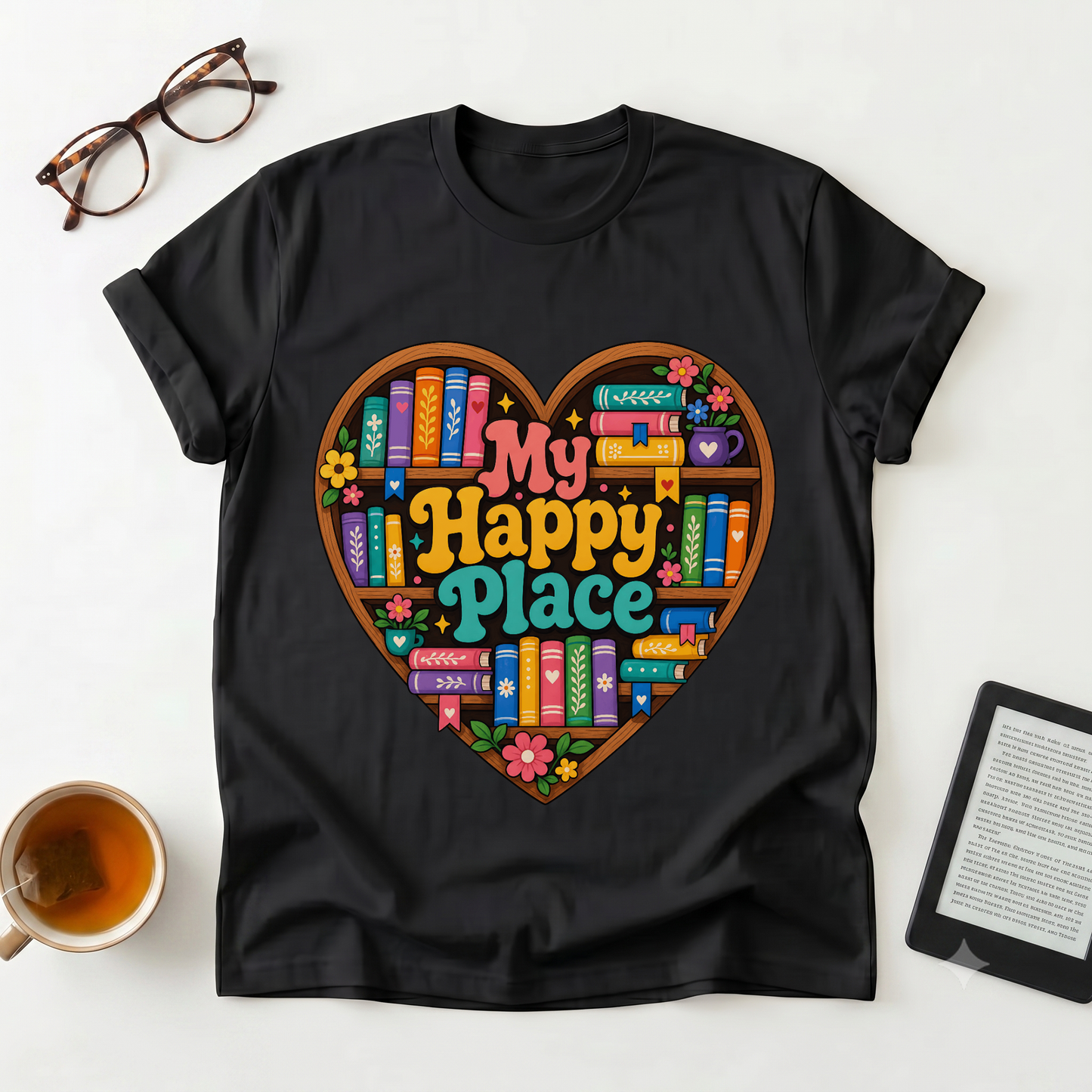 T-Shirt — "My Happy Place" Heart Bookshelf Graphic Tee