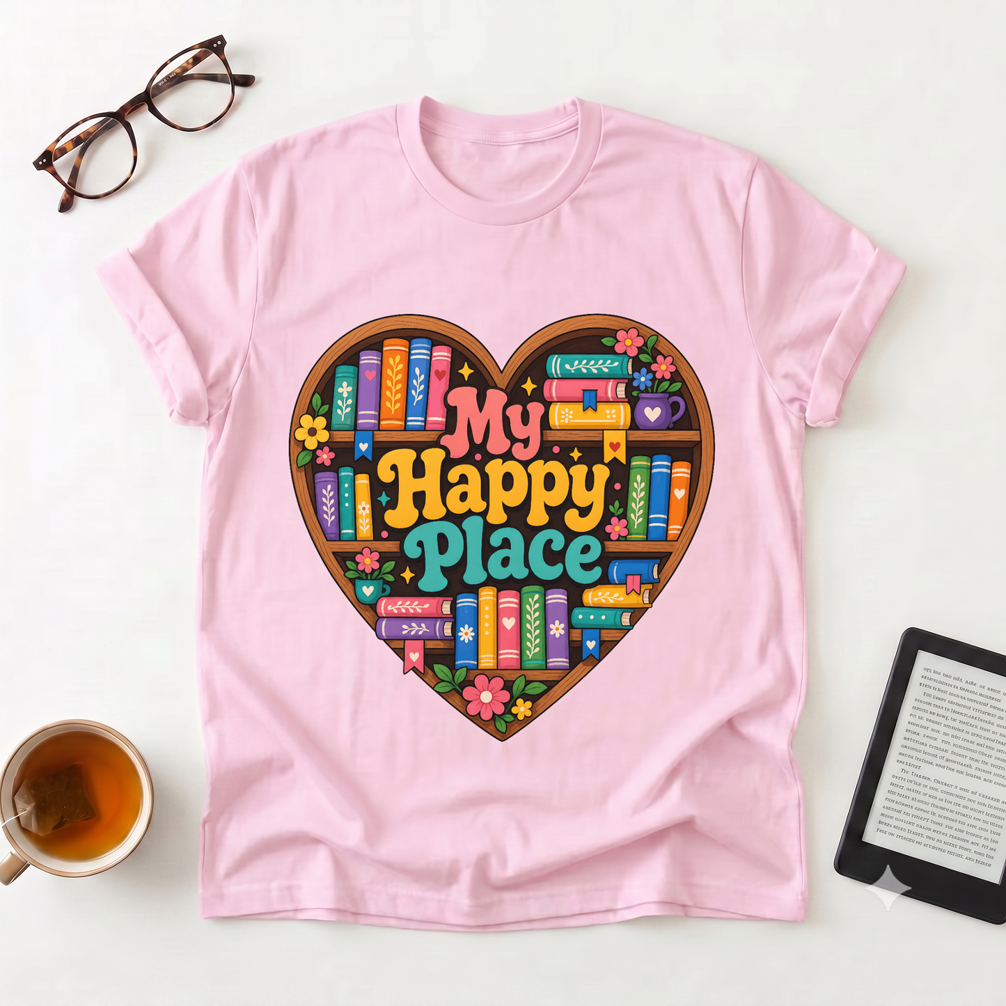 T-Shirt — "My Happy Place" Heart Bookshelf Graphic Tee