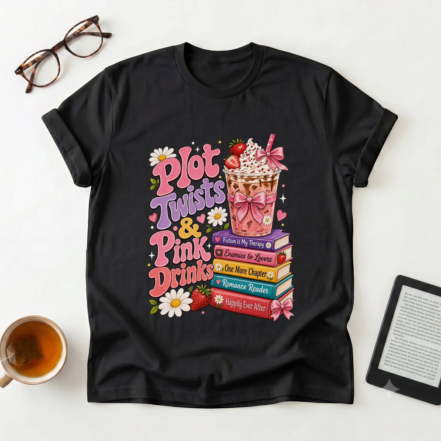T-Shirt — “Plot Twists & Pink Drinks” Retro Booklover Graphic Tee