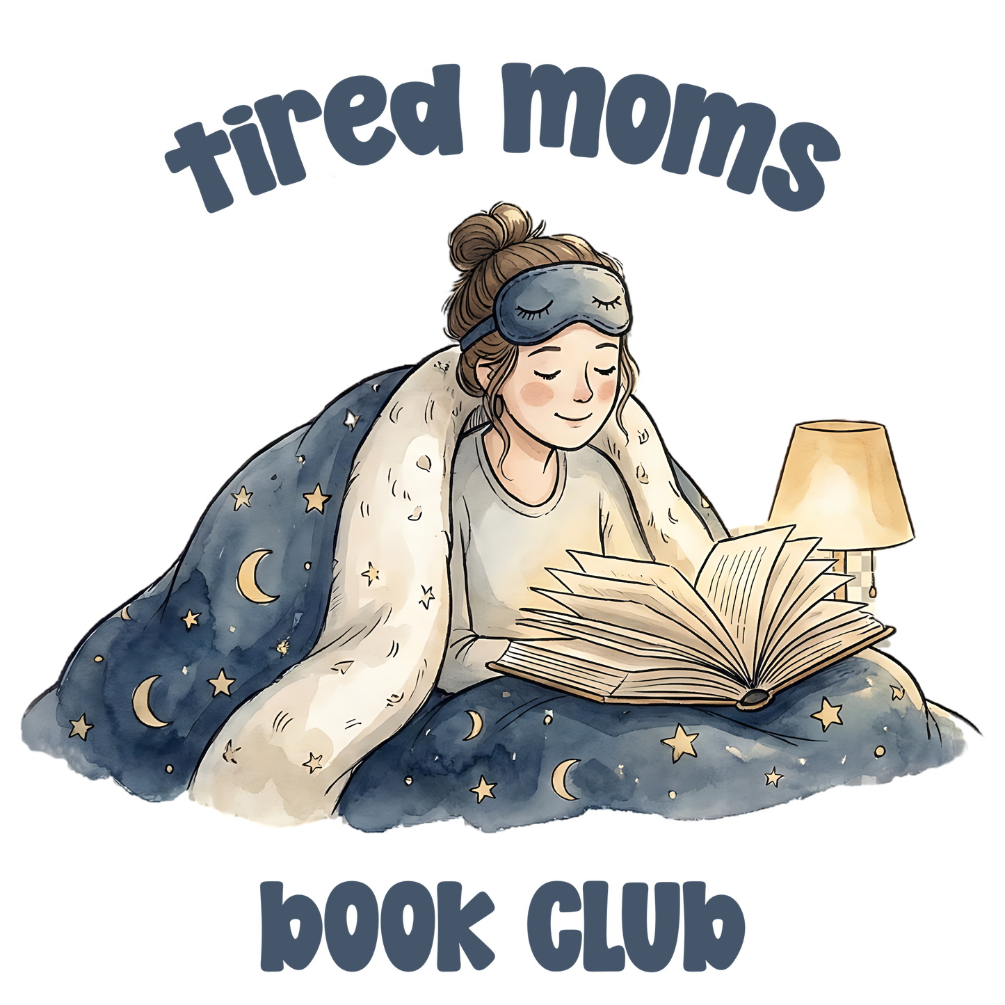 Watercolor mom reading in bed under celestial star quilt with sleep mask, Tired Moms Book Club design