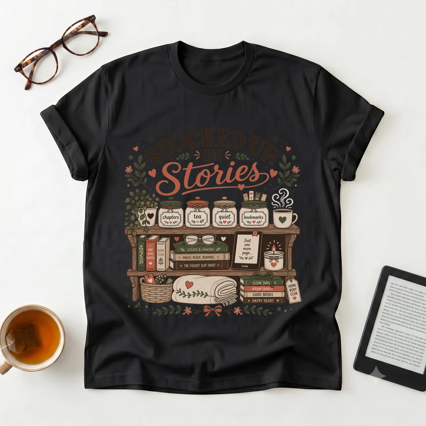T-Shirt — "Stocked Up On Stories" Vintage Bookshelf Literary Tee
