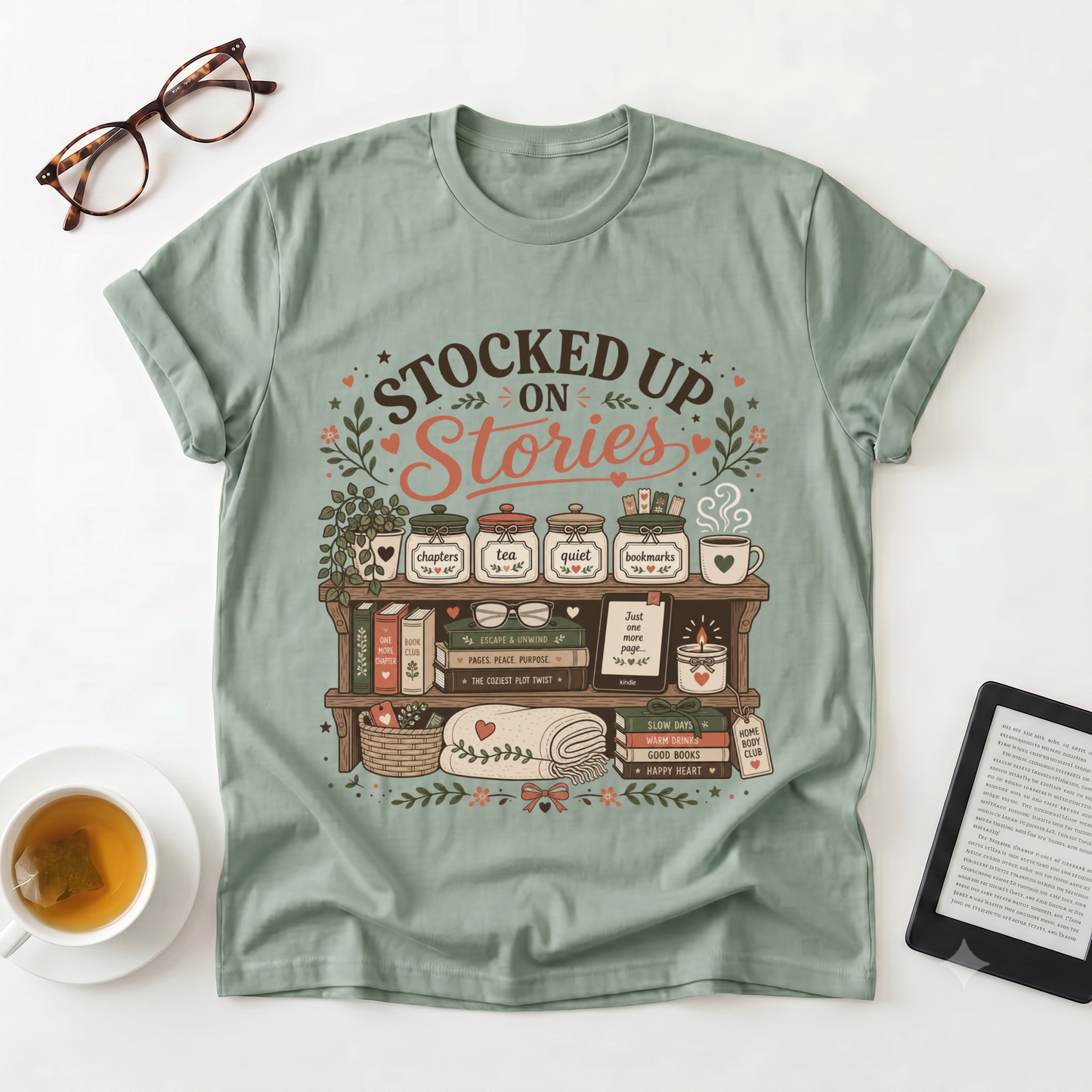 T-Shirt — "Stocked Up On Stories" Vintage Bookshelf Literary Tee