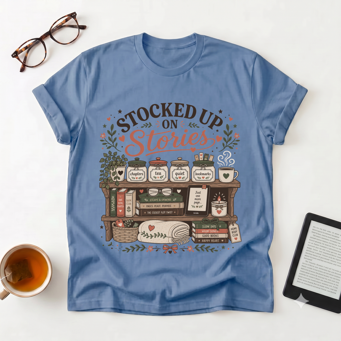 T-Shirt — "Stocked Up On Stories" Vintage Bookshelf Literary Tee