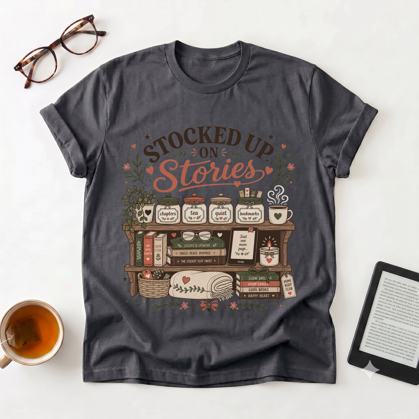 T-Shirt — "Stocked Up On Stories" Vintage Bookshelf Literary Tee