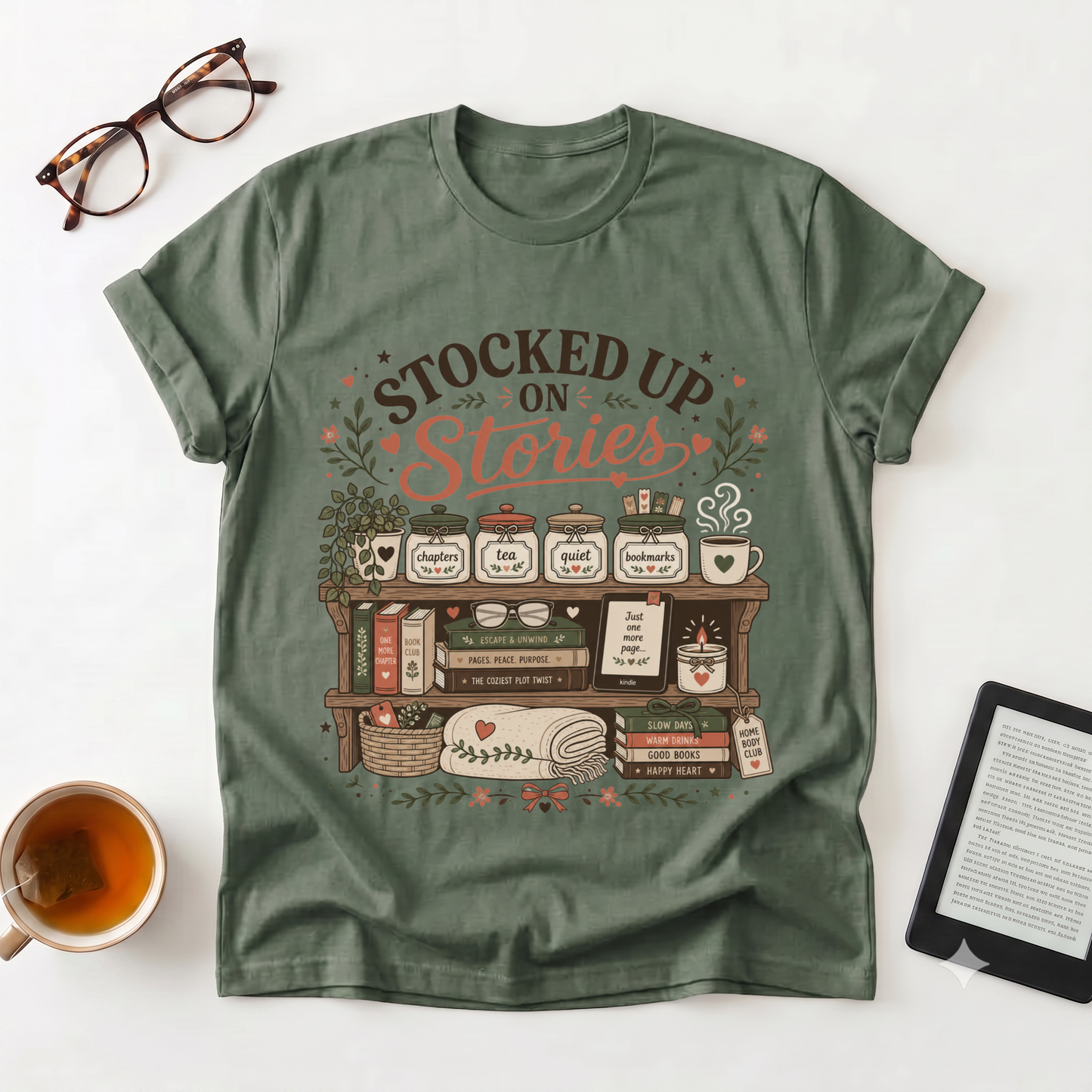 T-Shirt — "Stocked Up On Stories" Vintage Bookshelf Literary Tee