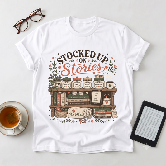 T-Shirt — "Stocked Up On Stories" Vintage Bookshelf Literary Tee