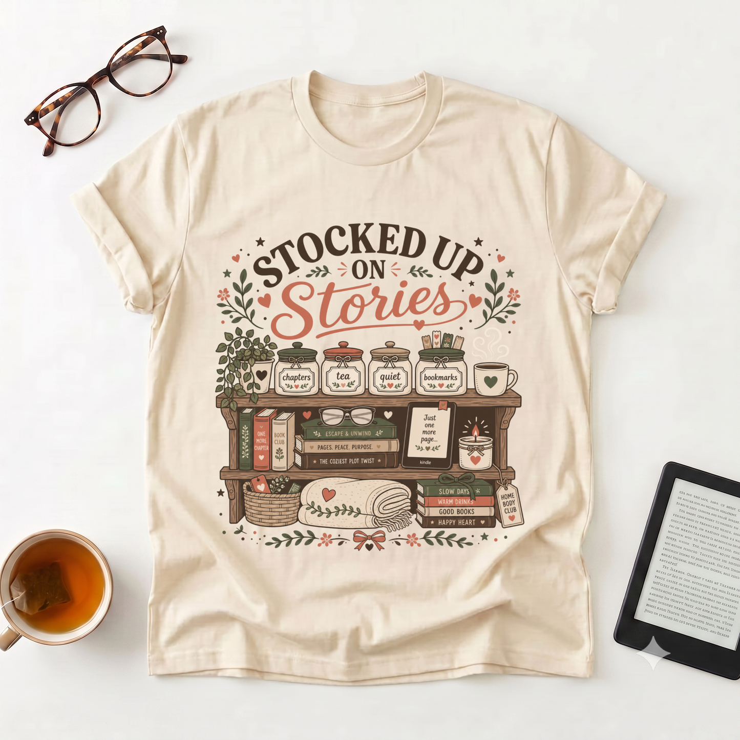T-Shirt — "Stocked Up On Stories" Vintage Bookshelf Literary Tee