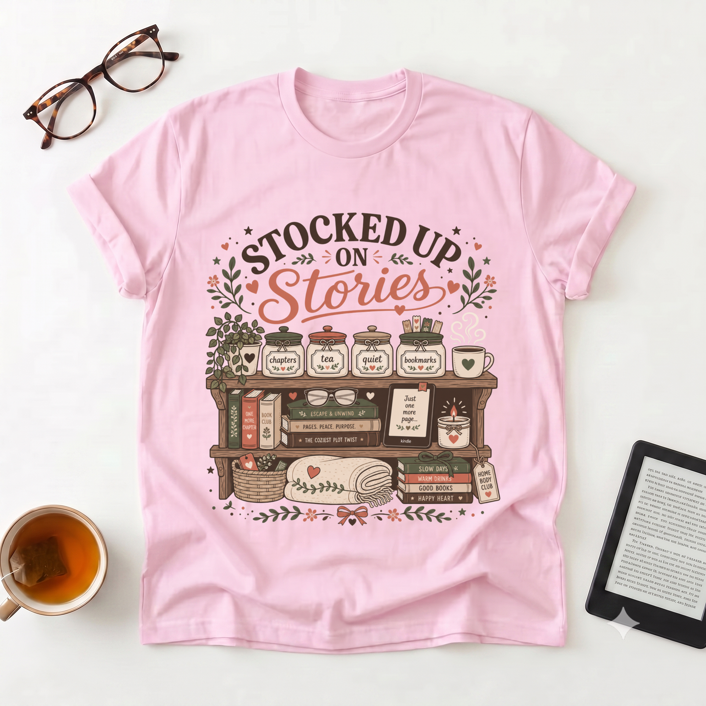 T-Shirt — "Stocked Up On Stories" Vintage Bookshelf Literary Tee