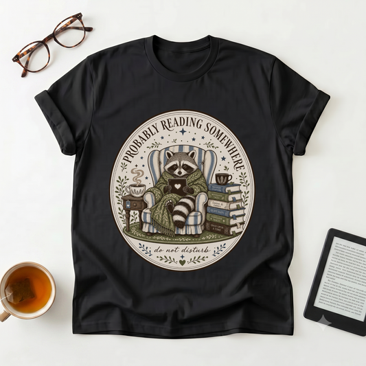 Reading Raccoon T-Shirt — "Probably Reading Somewhere Else" Book Lover Tee