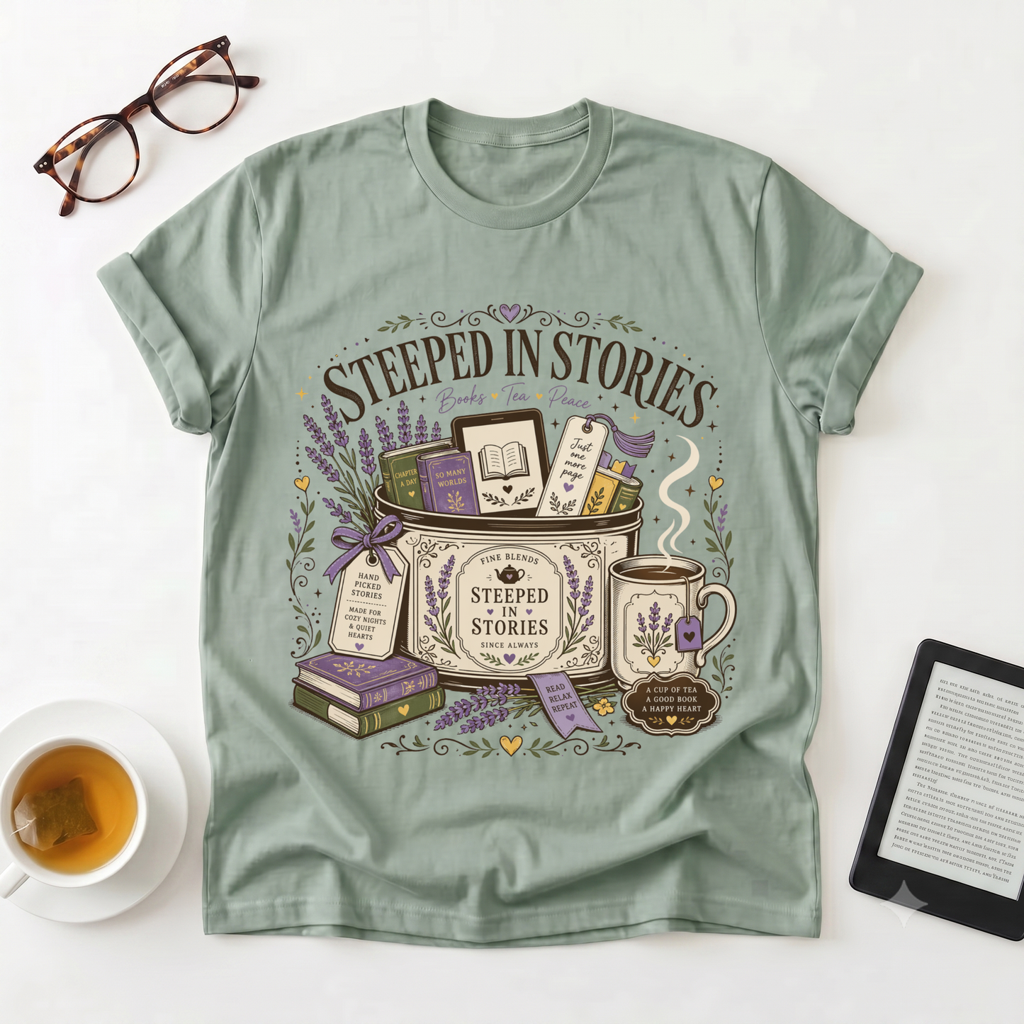 Steeped in Stories T-Shirt — Book & Tea Graphic Tee for Readers