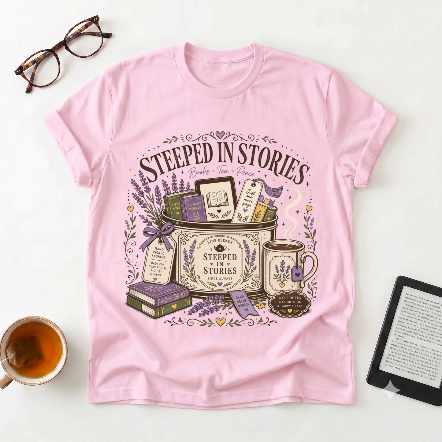 Steeped in Stories T-Shirt — Book & Tea Graphic Tee for Readers