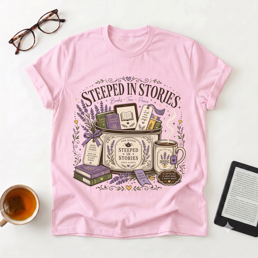 Steeped in Stories T-Shirt — Book & Tea Graphic Tee for Readers