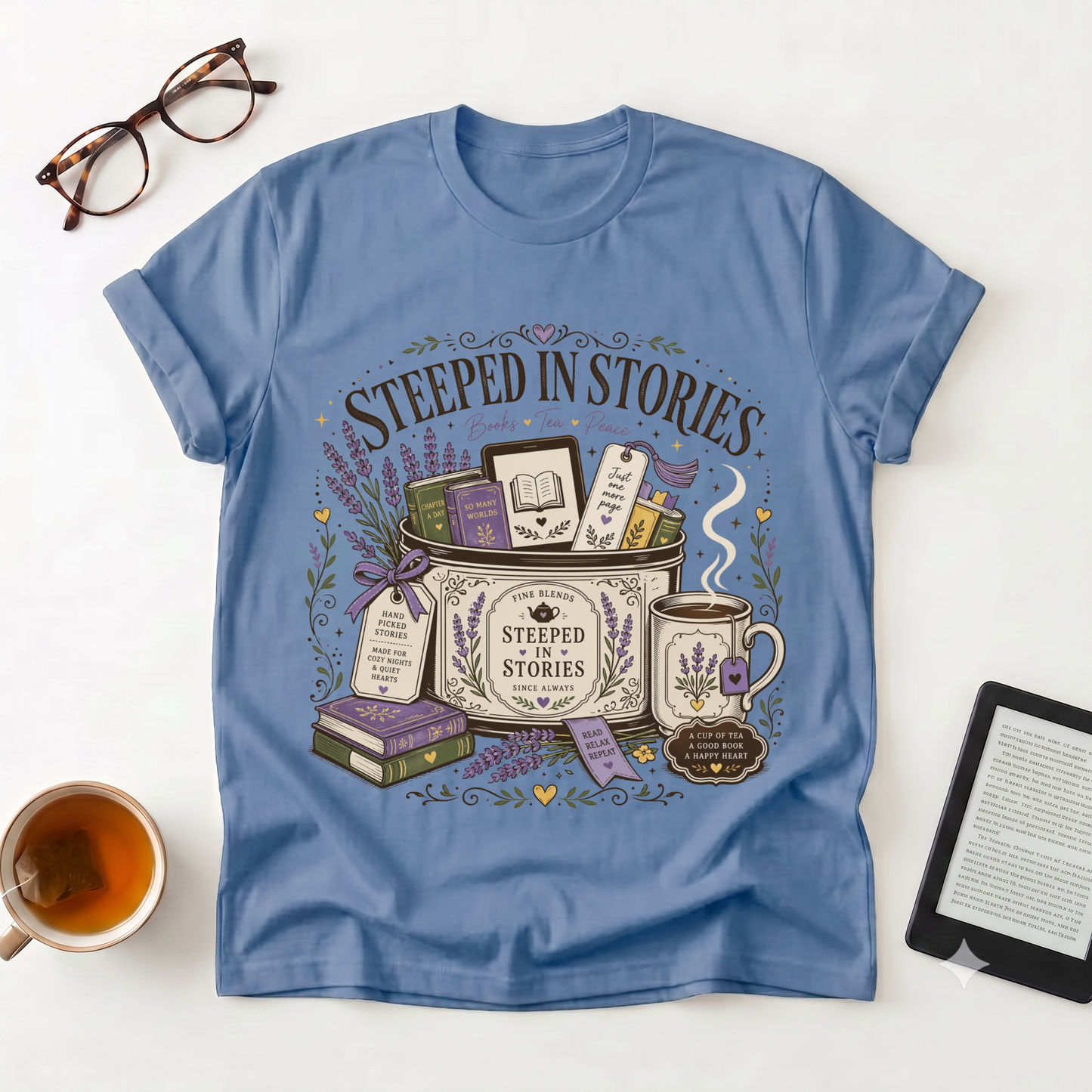 Steeped in Stories T-Shirt — Book & Tea Graphic Tee for Readers