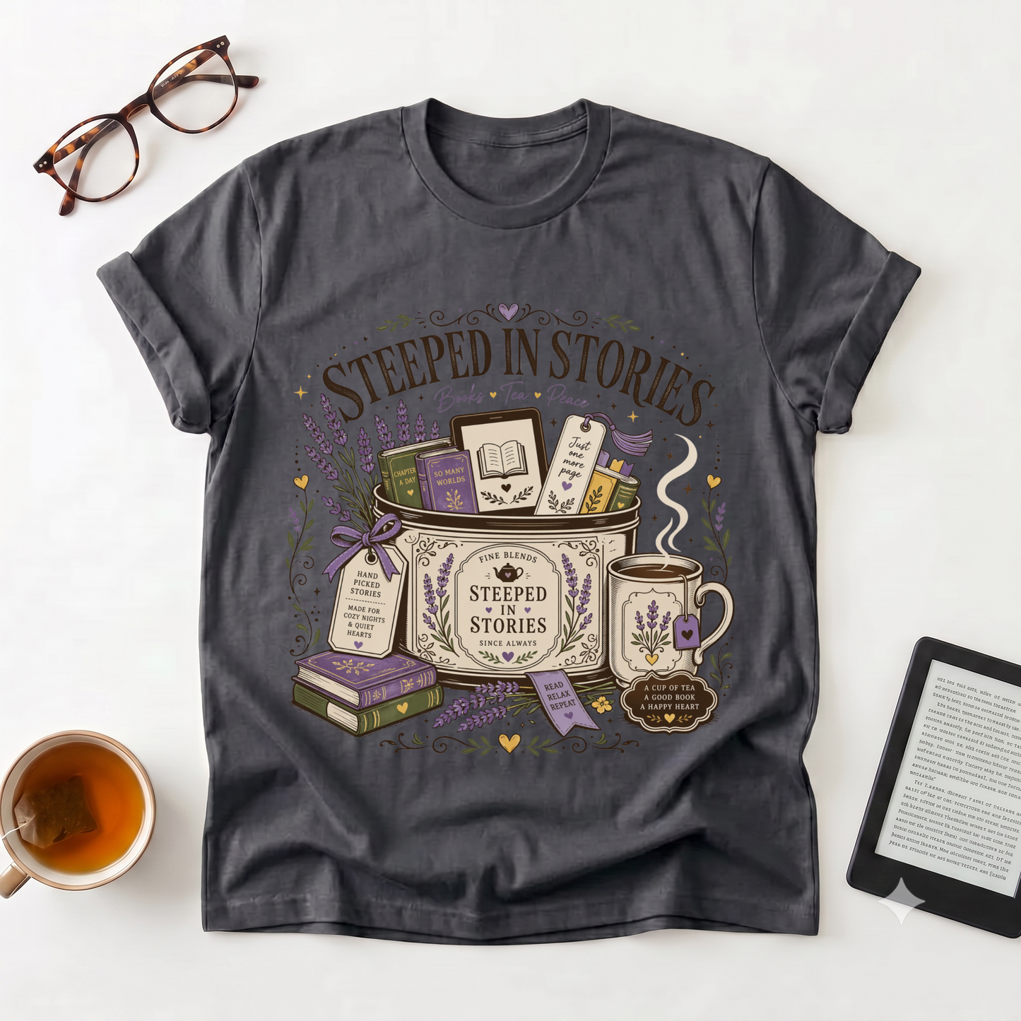 Steeped in Stories T-Shirt — Book & Tea Graphic Tee for Readers