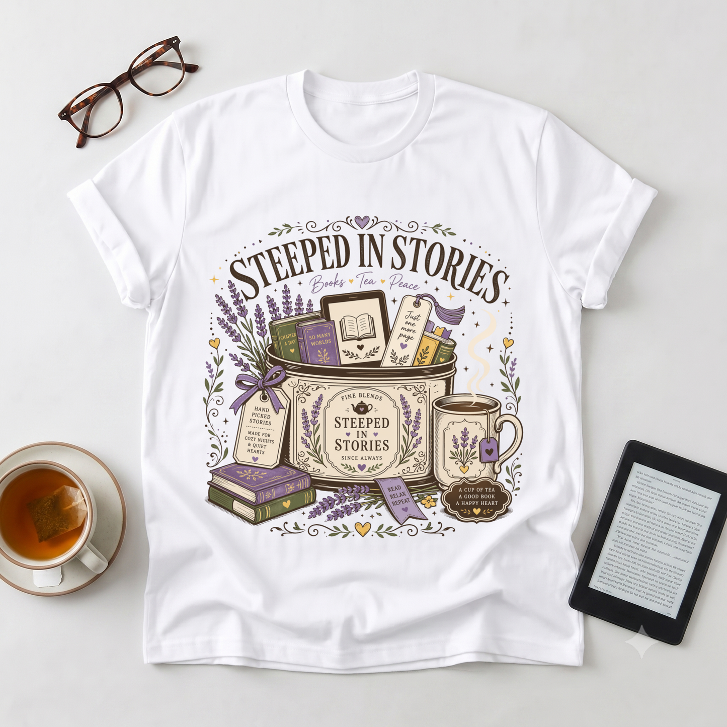 Steeped in Stories T-Shirt — Book & Tea Graphic Tee for Readers