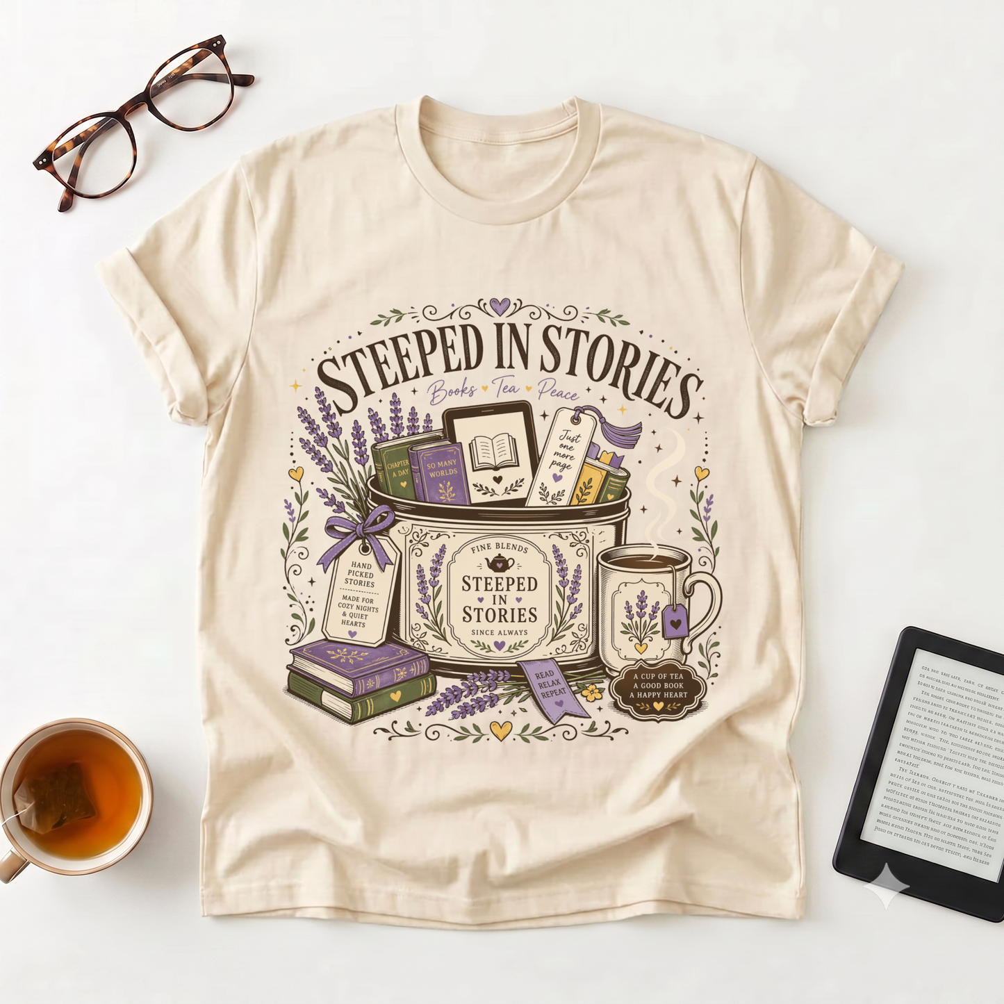 Steeped in Stories T-Shirt — Book & Tea Graphic Tee for Readers