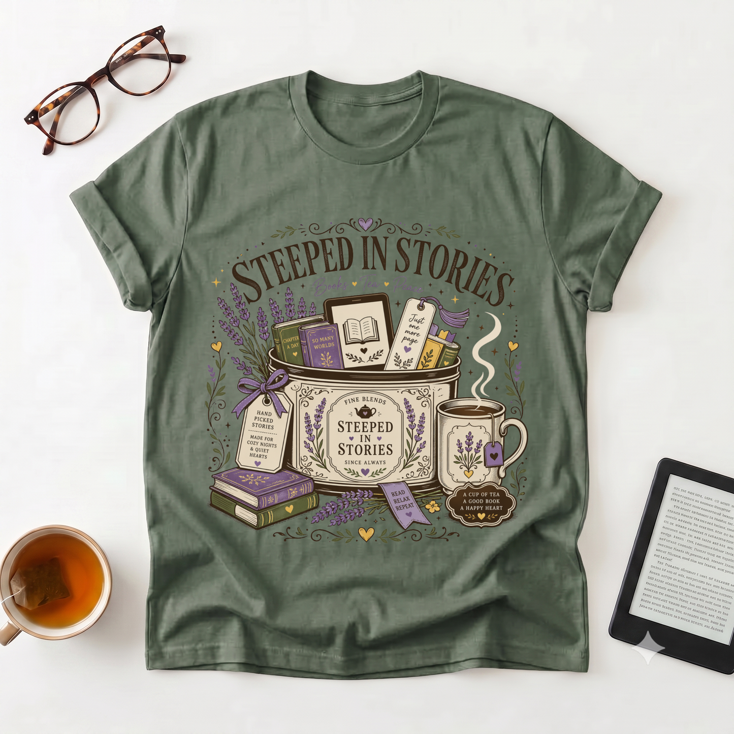Steeped in Stories T-Shirt — Book & Tea Graphic Tee for Readers