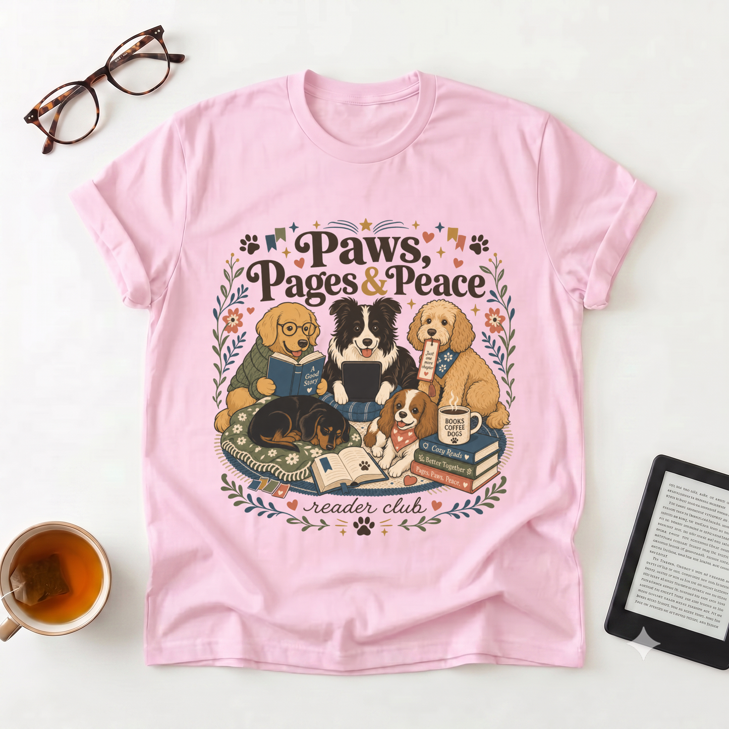 Paws, Pages & Peace T-Shirt — Reader Club Booklover Tee with Cozy Dogs