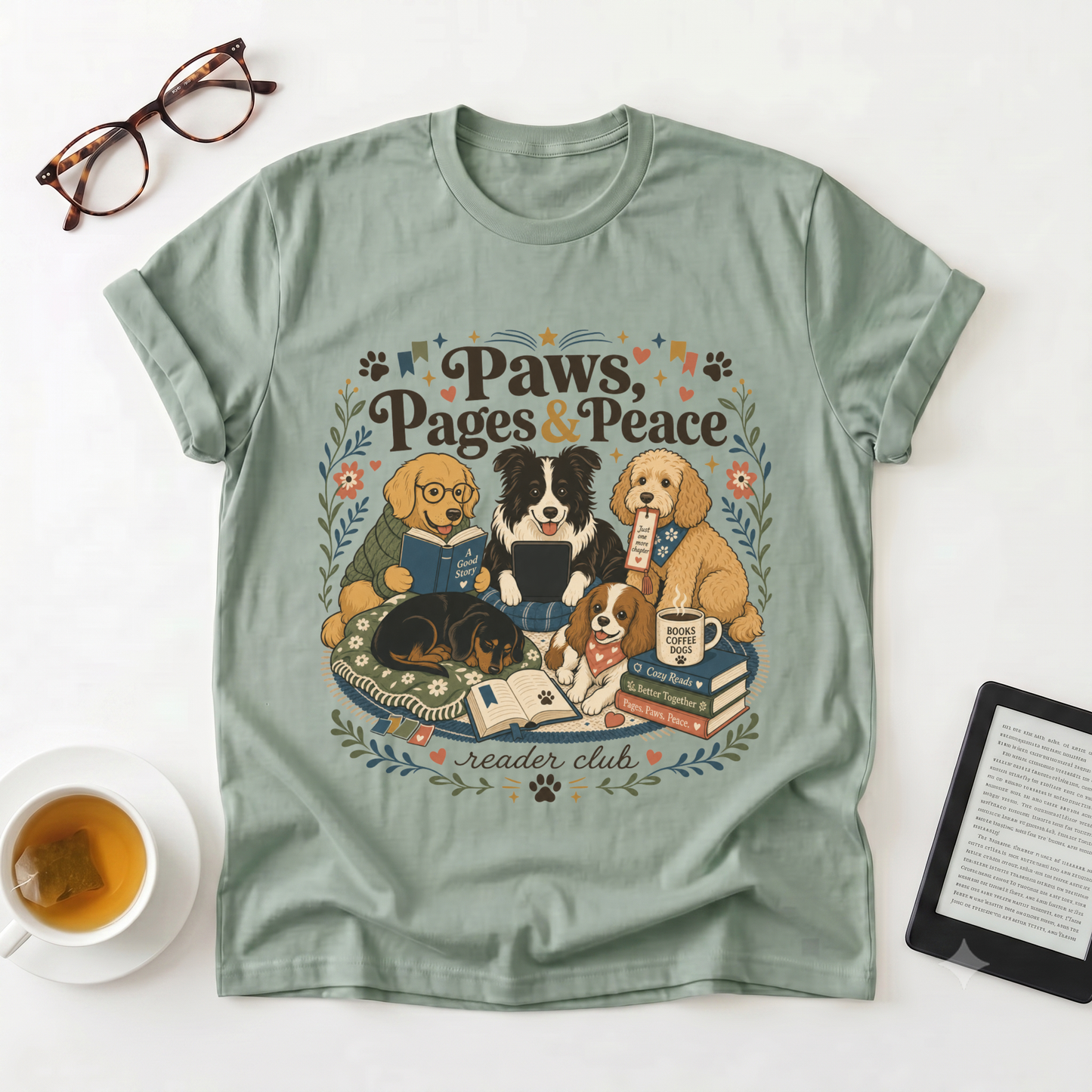 Paws, Pages & Peace T-Shirt — Reader Club Booklover Tee with Cozy Dogs