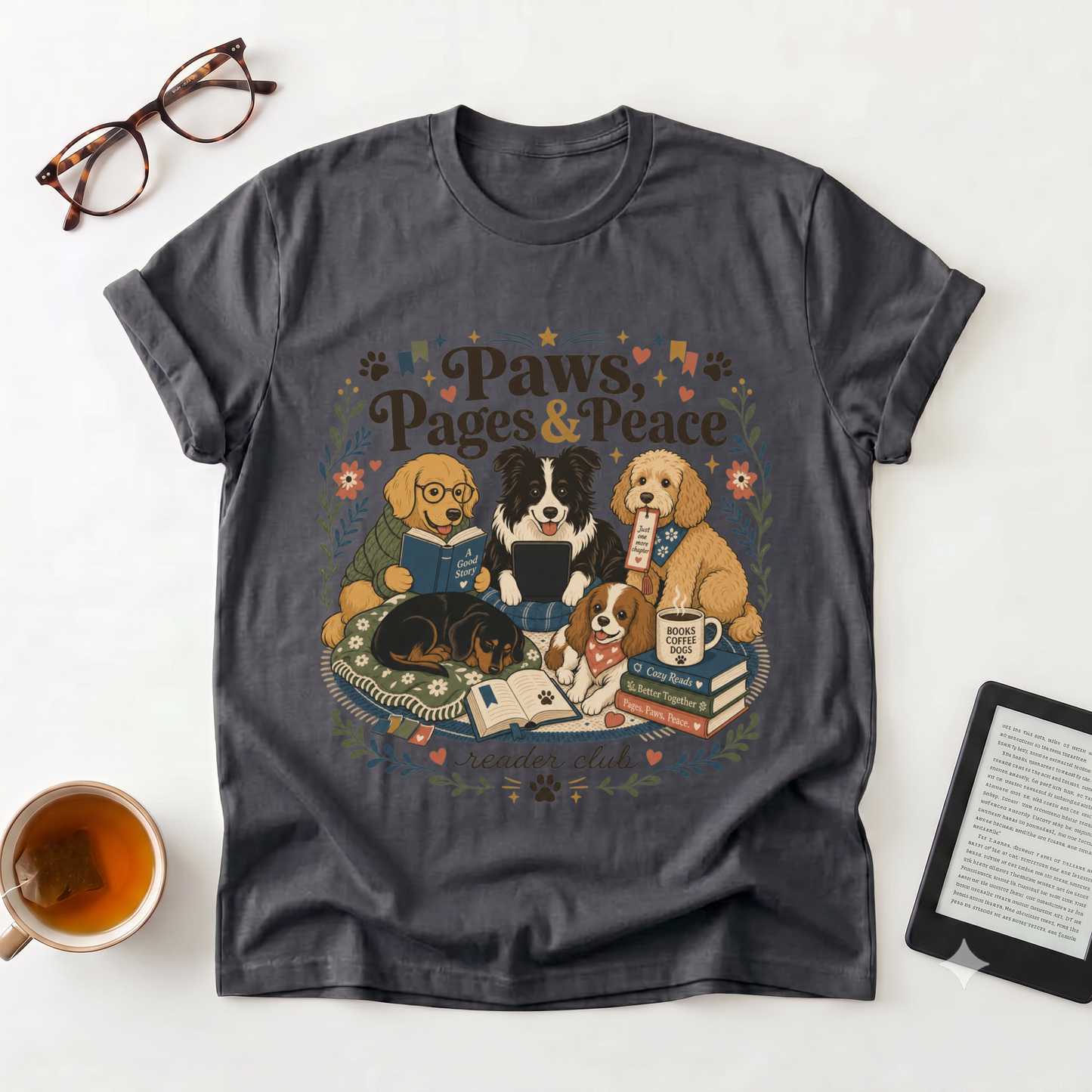 Paws, Pages & Peace T-Shirt — Reader Club Booklover Tee with Cozy Dogs