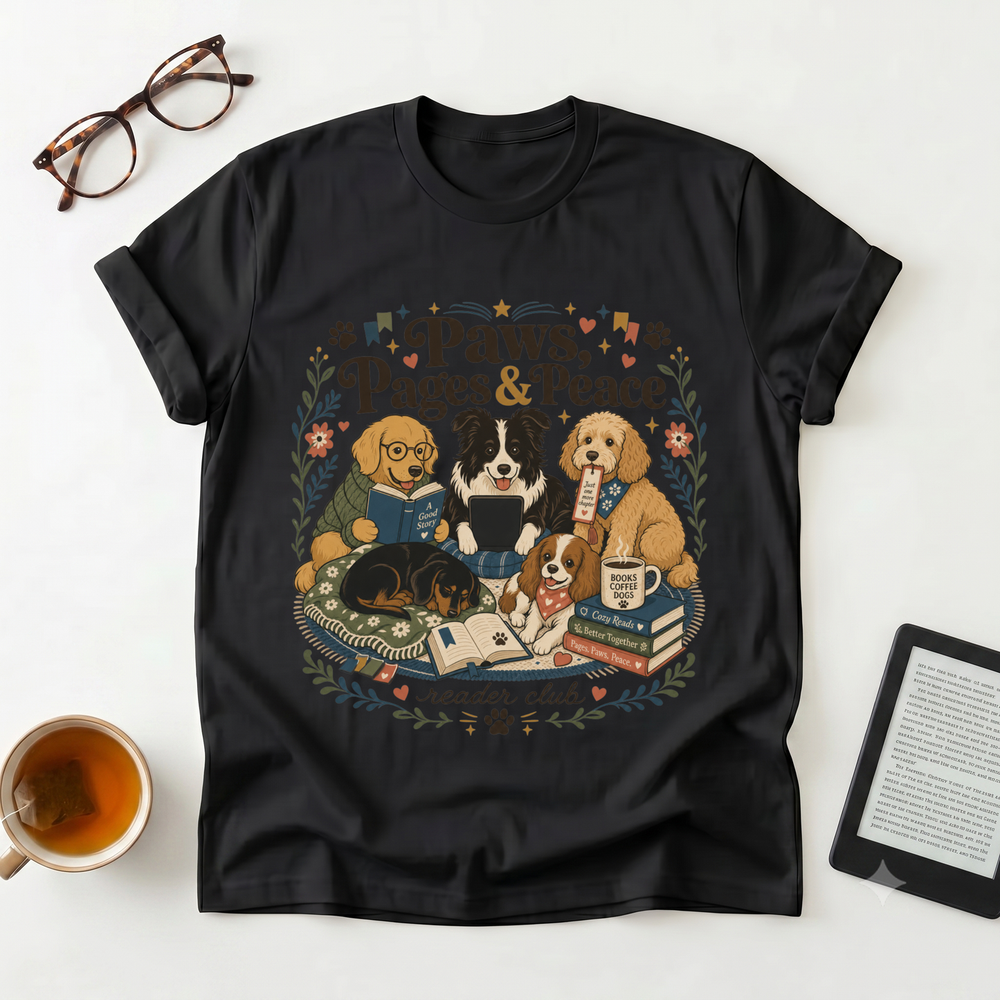 Paws, Pages & Peace T-Shirt — Reader Club Booklover Tee with Cozy Dogs