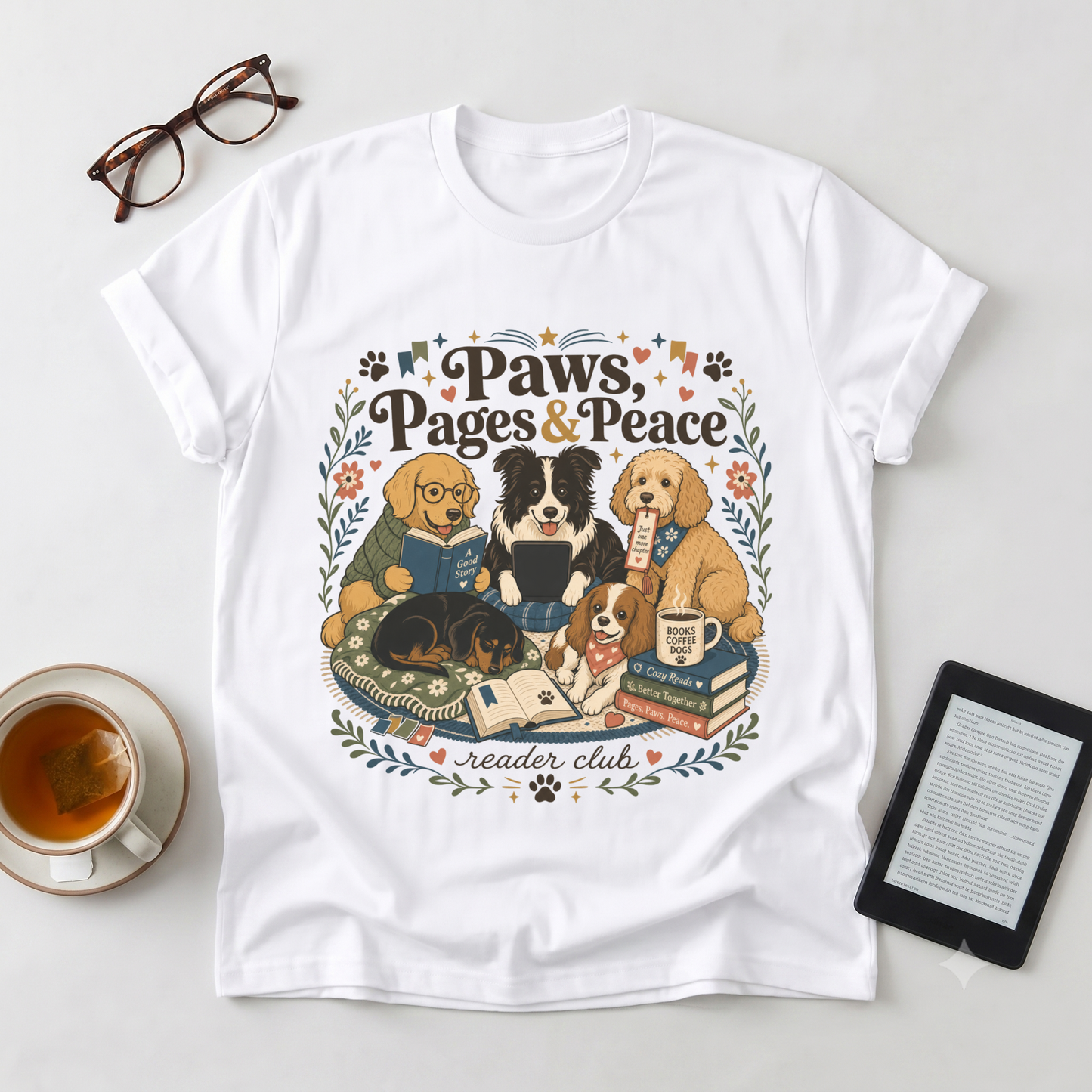 Paws, Pages & Peace T-Shirt — Reader Club Booklover Tee with Cozy Dogs