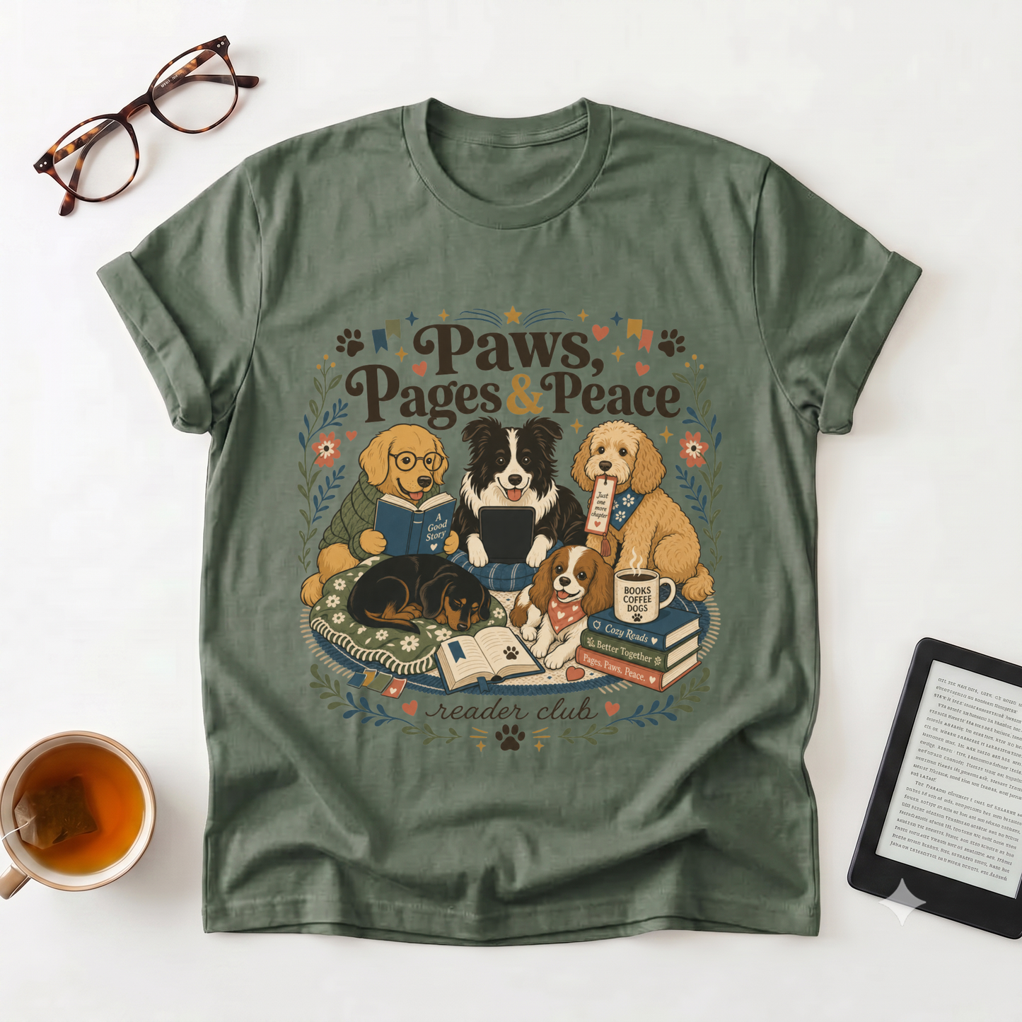 Paws, Pages & Peace T-Shirt — Reader Club Booklover Tee with Cozy Dogs