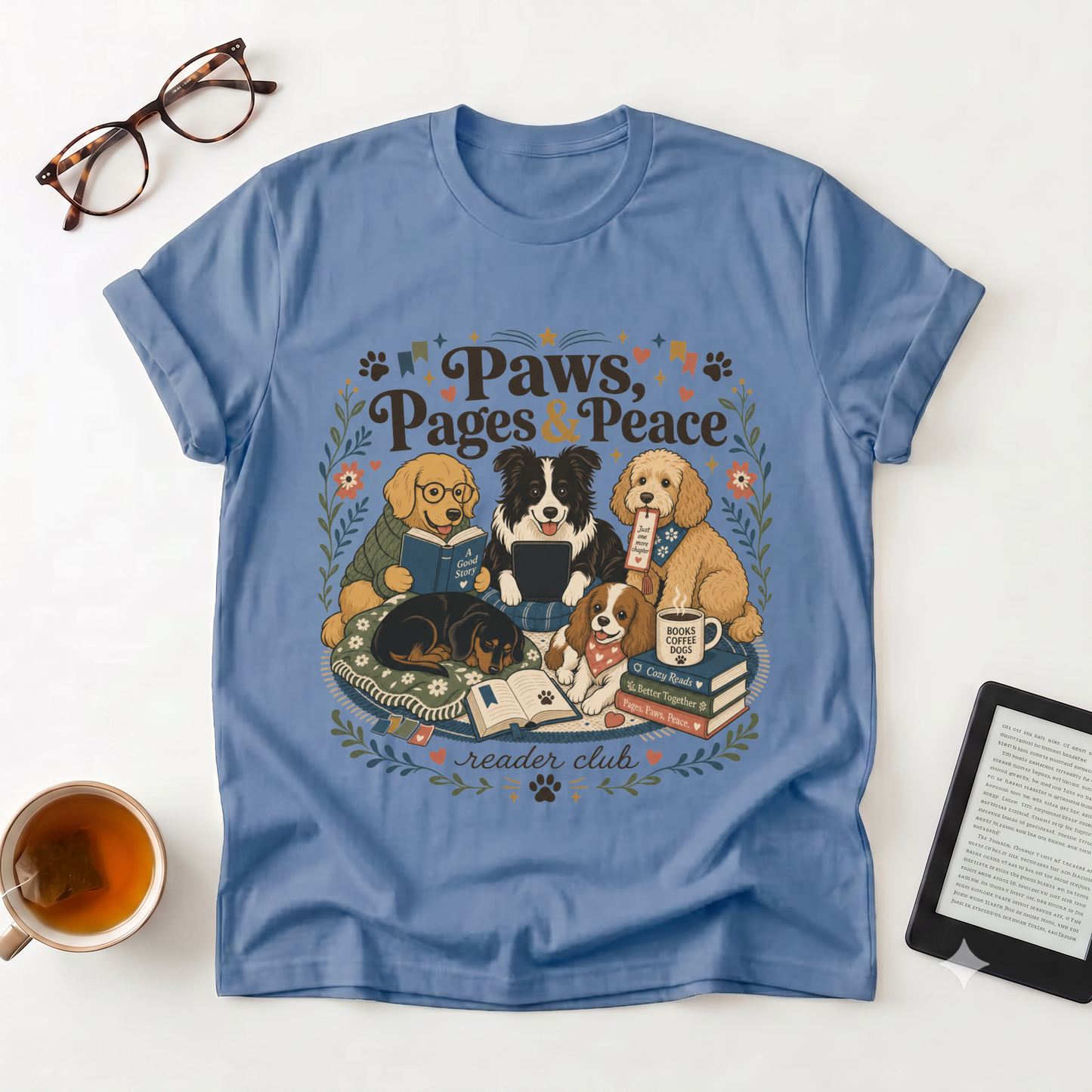 Paws, Pages & Peace T-Shirt — Reader Club Booklover Tee with Cozy Dogs