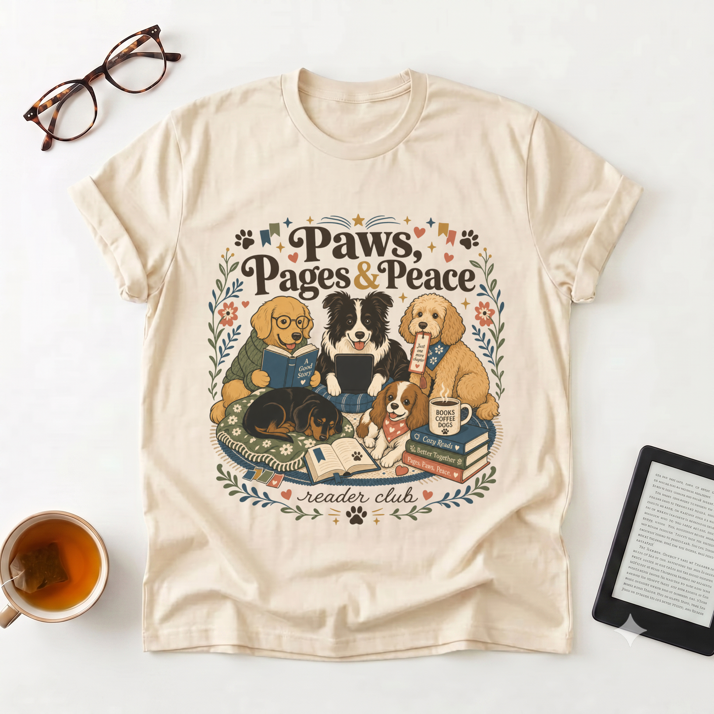 Paws, Pages & Peace T-Shirt — Reader Club Booklover Tee with Cozy Dogs